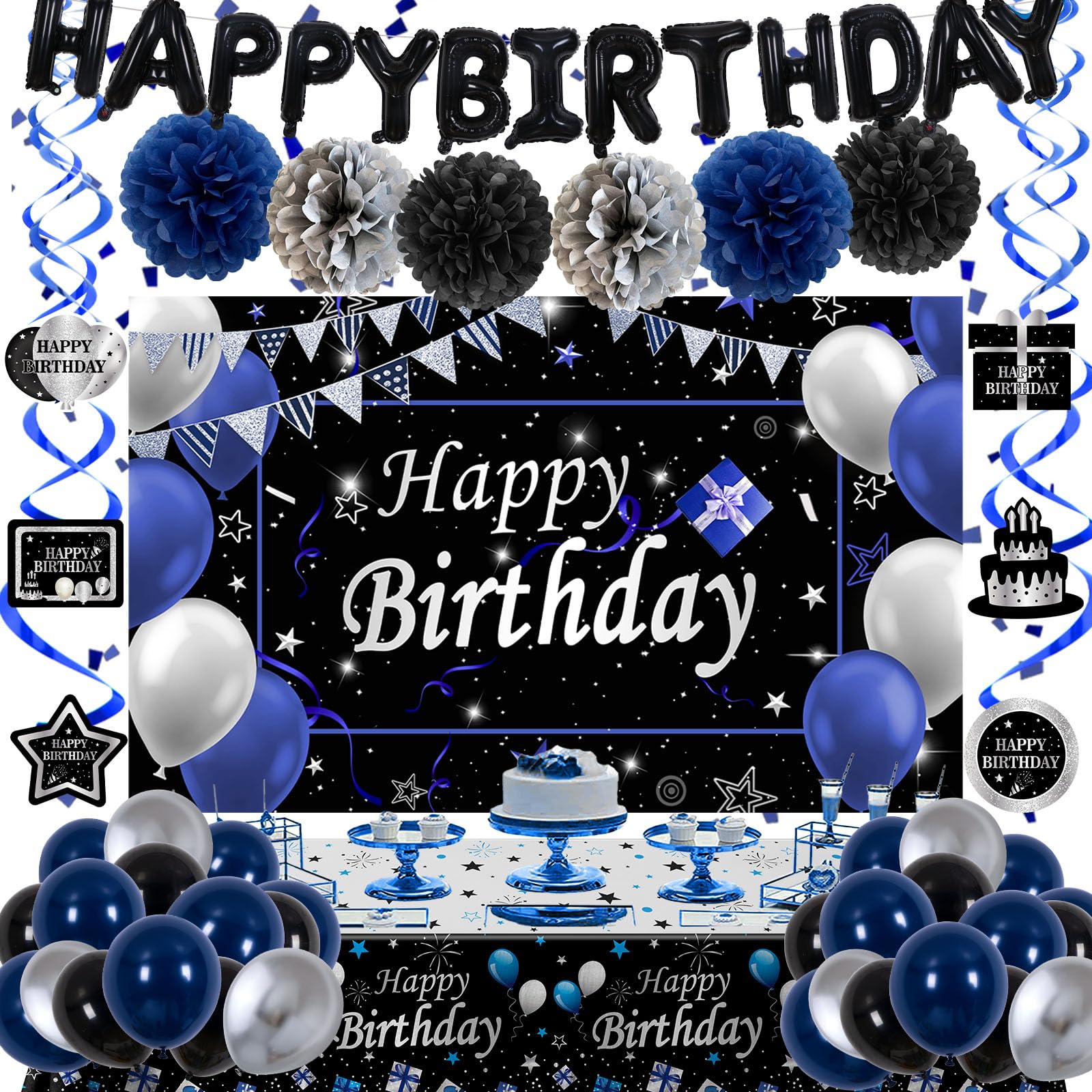 Navy Blue and Black Birthday Decorations Kit with Backdrop