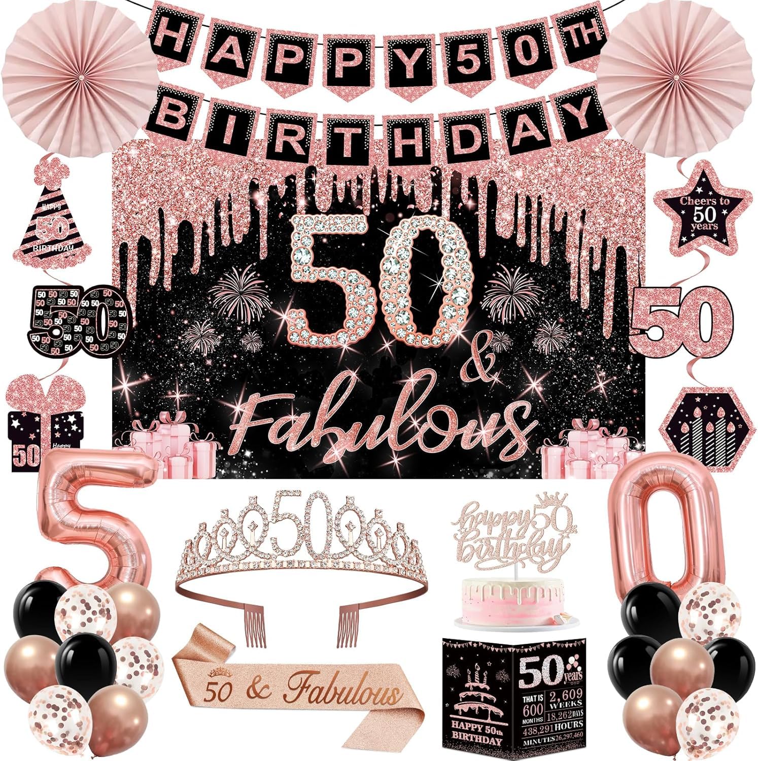 50th Birthday Decorations for Women | 32pc Rose Gold Party Kit