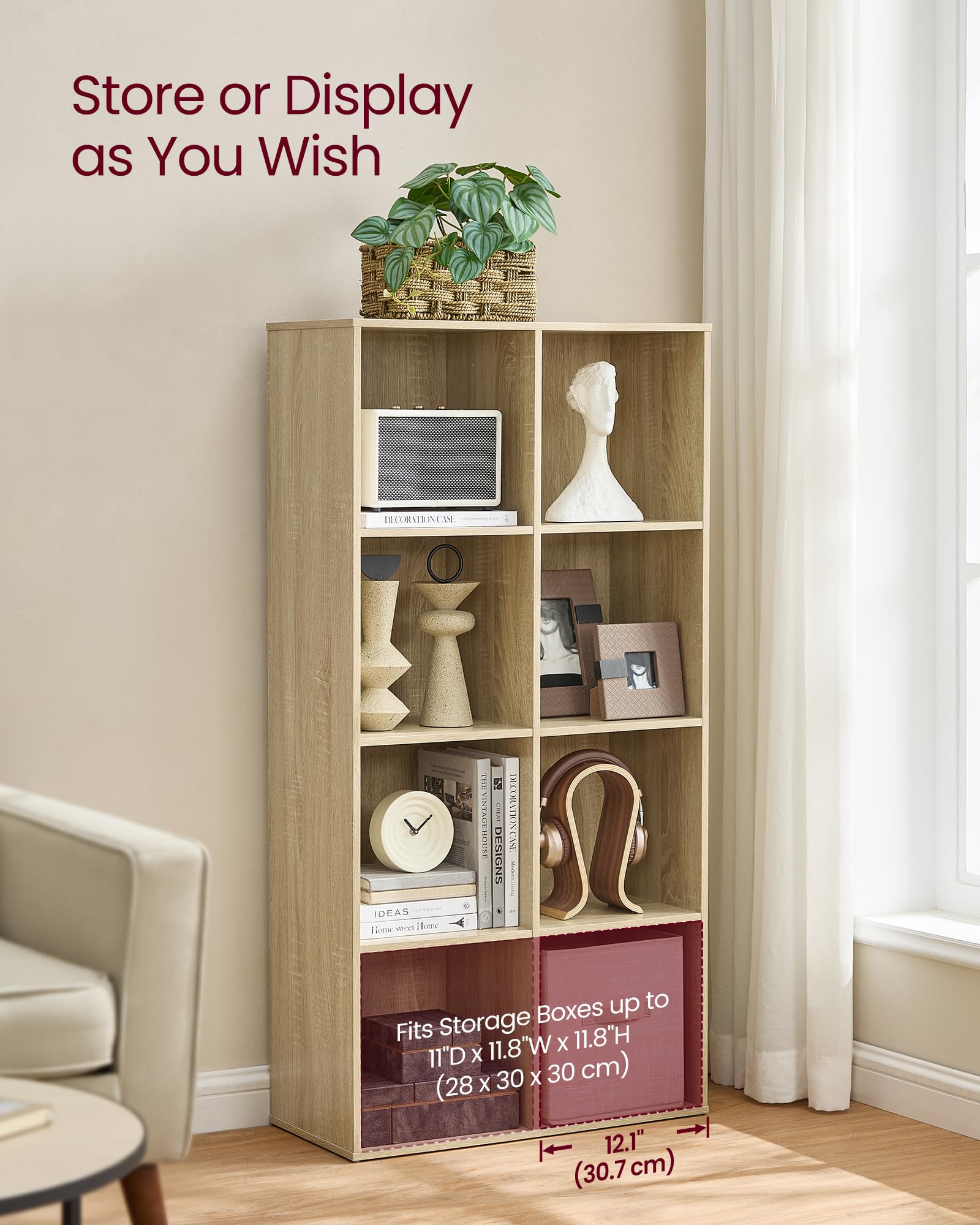 VASAGLE 8-Cube Wooden Bookcase – Freestanding Storage Shelf, Oak