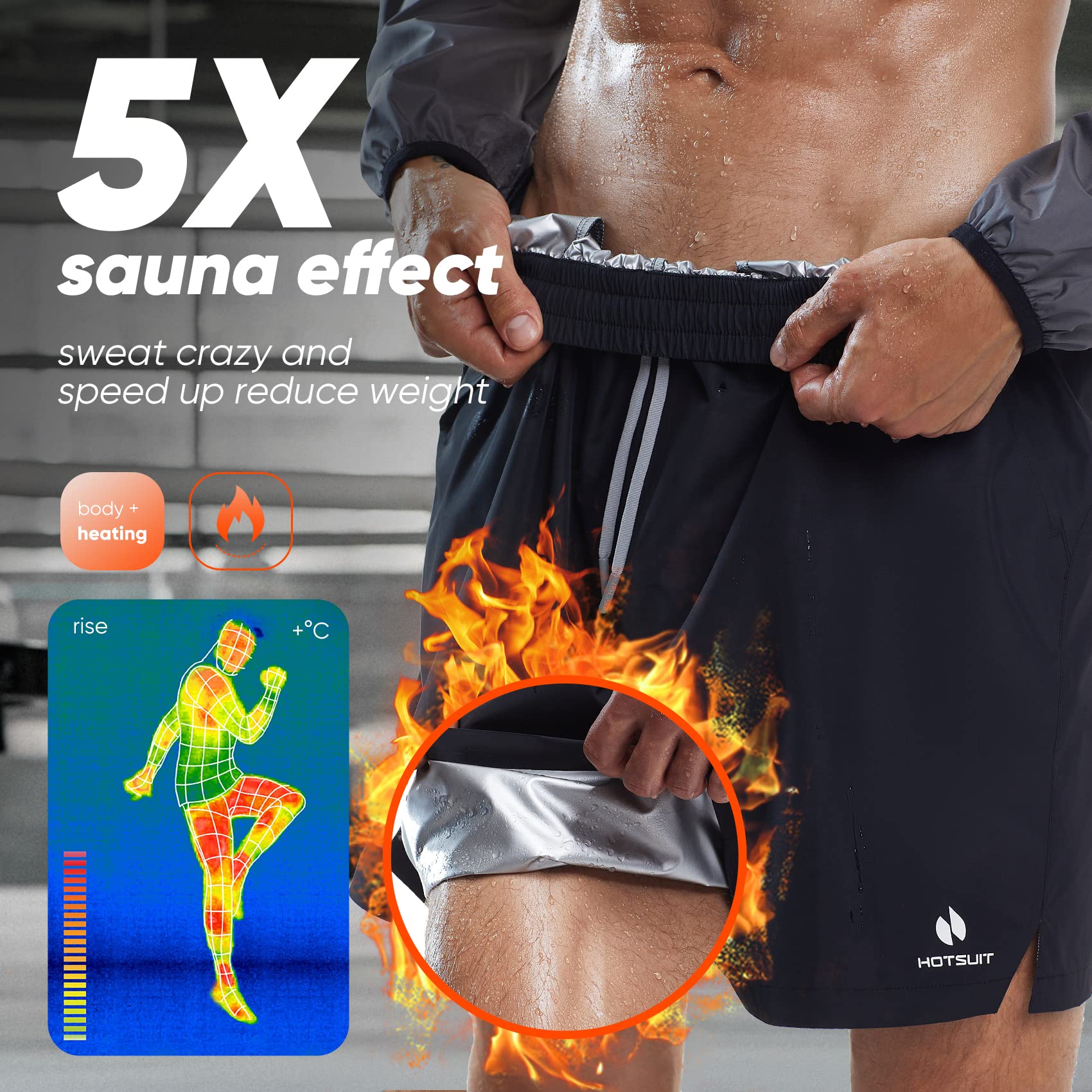 HOTSUIT Men's Sauna Shorts | Silver-Heat Sweat Workout Pants – Black