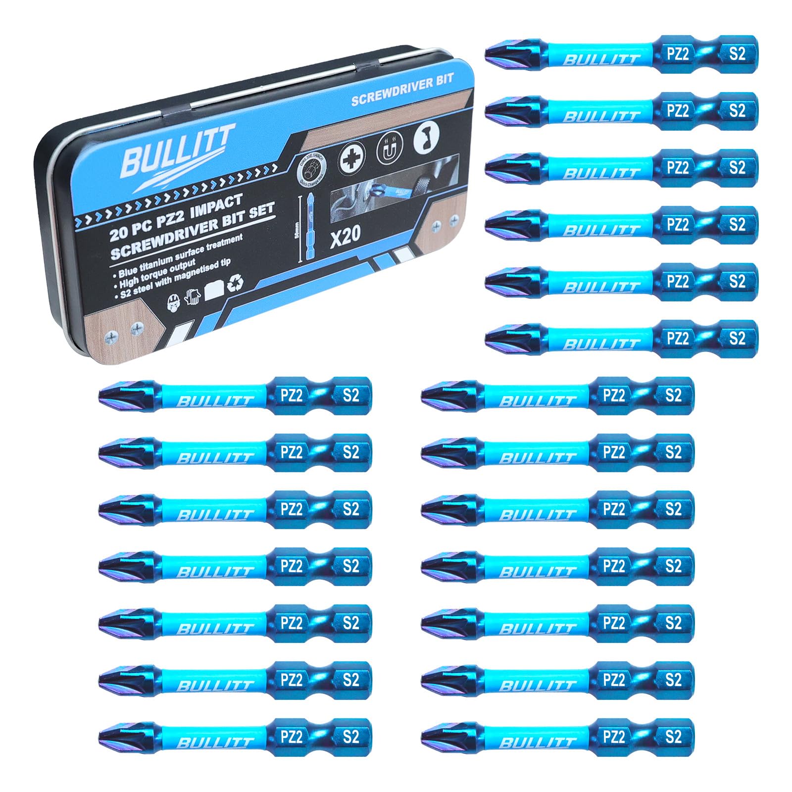 BULLITT 20-Piece PZ2 Impact Screwdriver Bits Set | 50mm S2 Steel