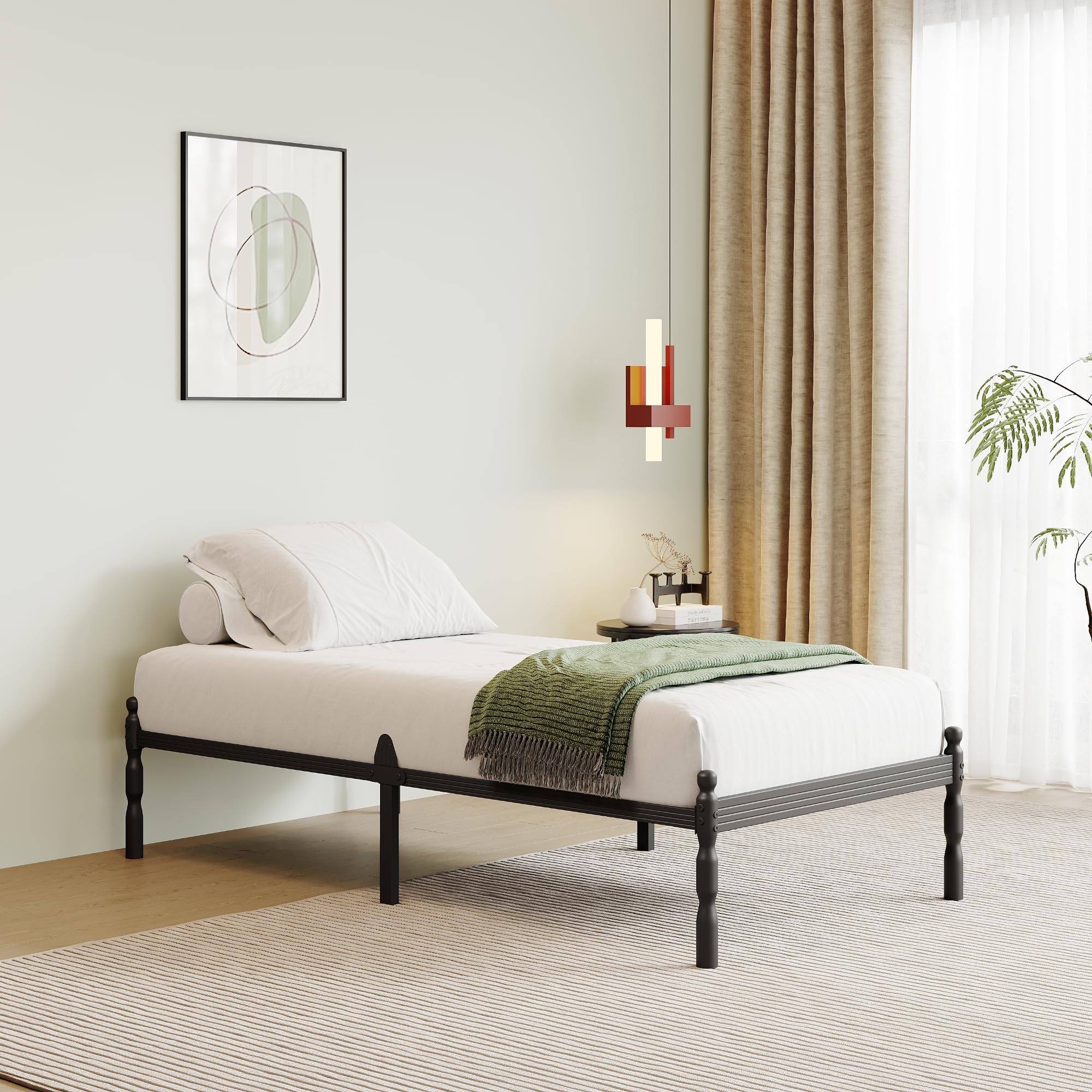 QFtime Single Metal Bed Frame with Underbed Storage and Steel Slats