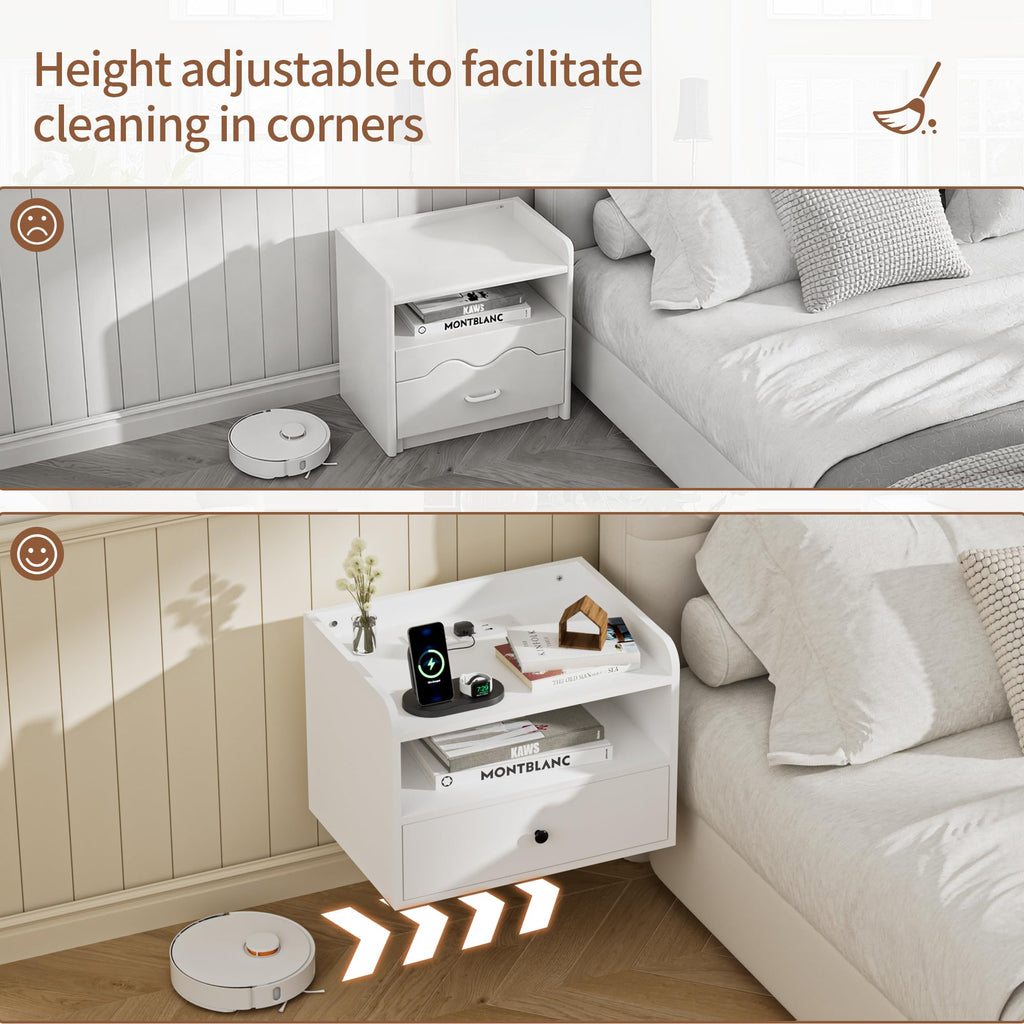 BonVache Set of 2 Floating Bedside Tables, Wall Mounted Bedside Table with Charging Station, Floating nightstand with Open Shelf and Drawer - image 4