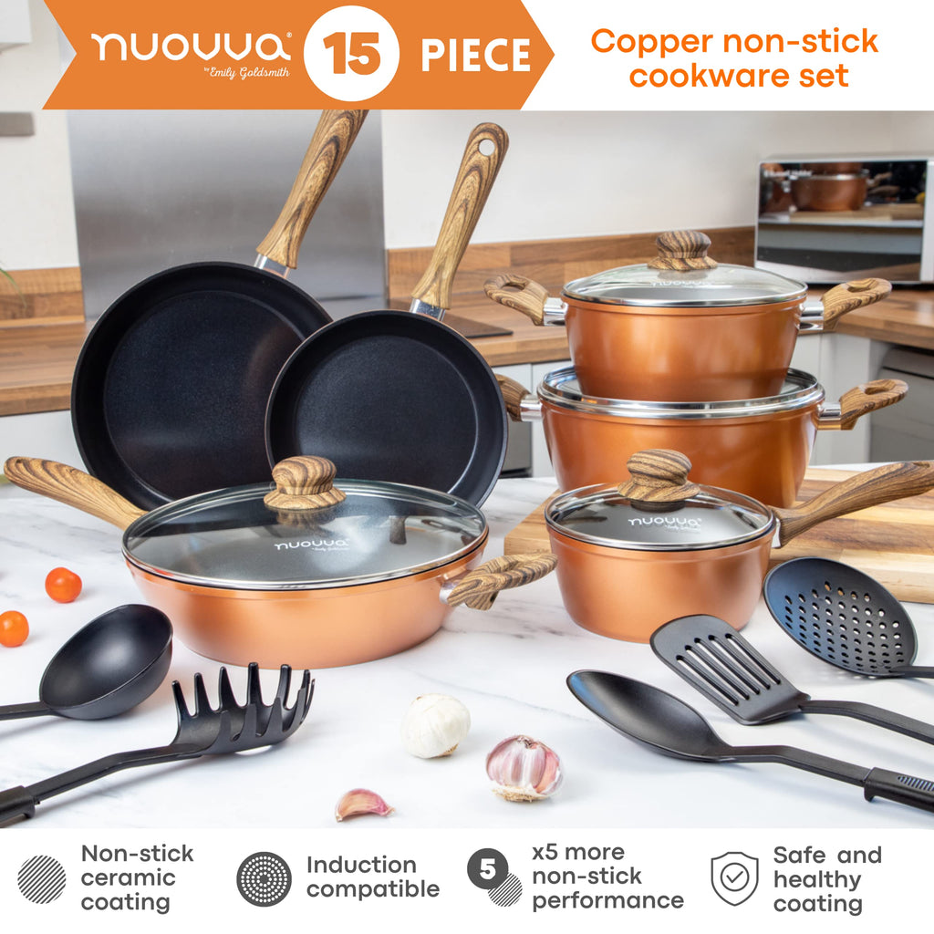 Nuovva 15-Piece Non-Stick Copper Cookware Set for Induction Hobs