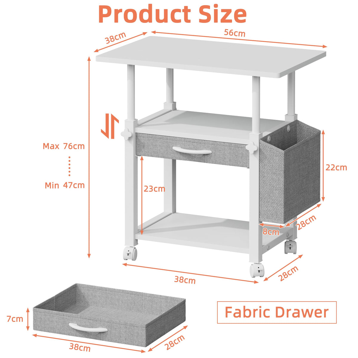 OYRREU 3 Tier Printer Stand on Wheels, Height Adjustable Mobile Table White - image 5
