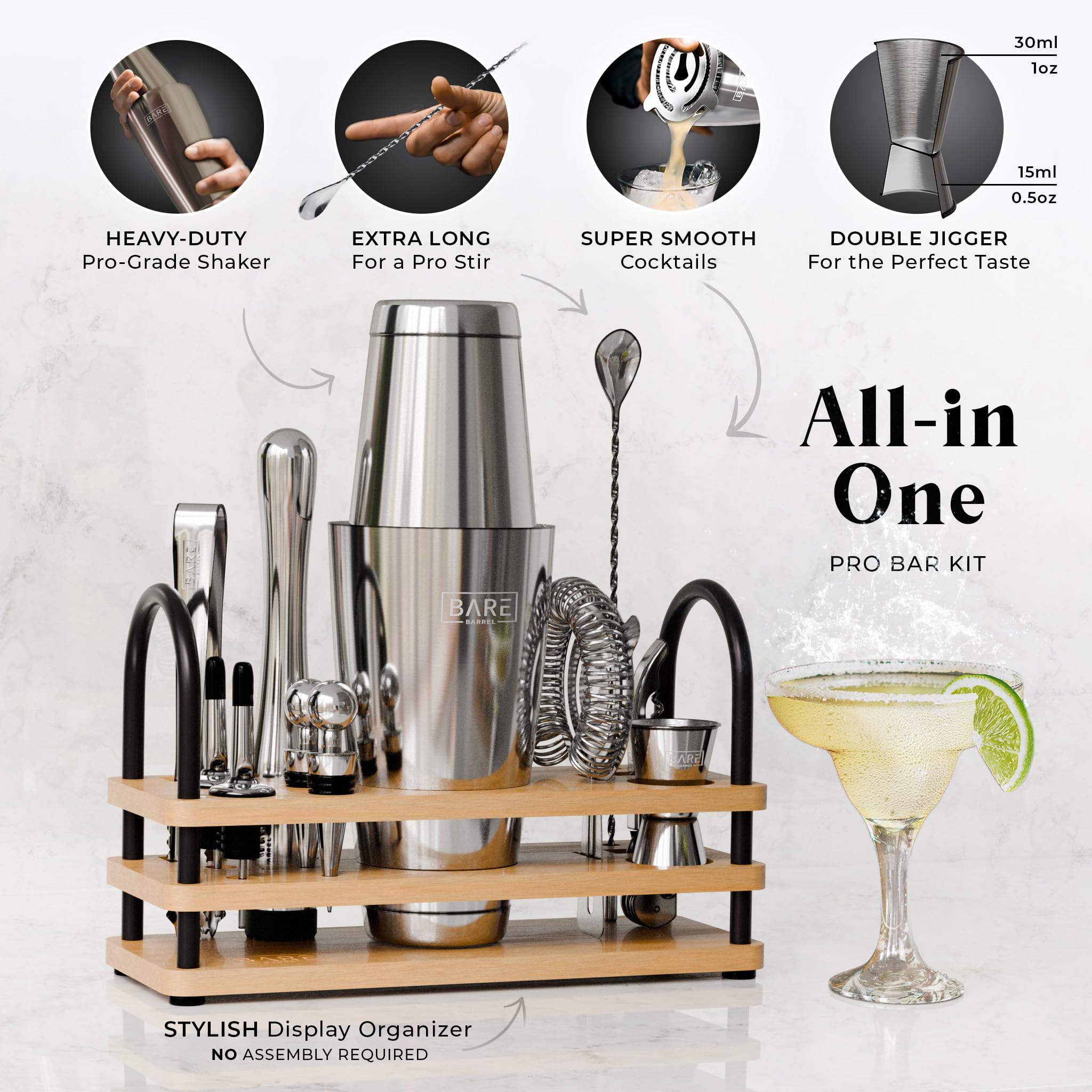 Bare Barrel 14-Piece Cocktail Making Kit with Bamboo Stand & Recipes