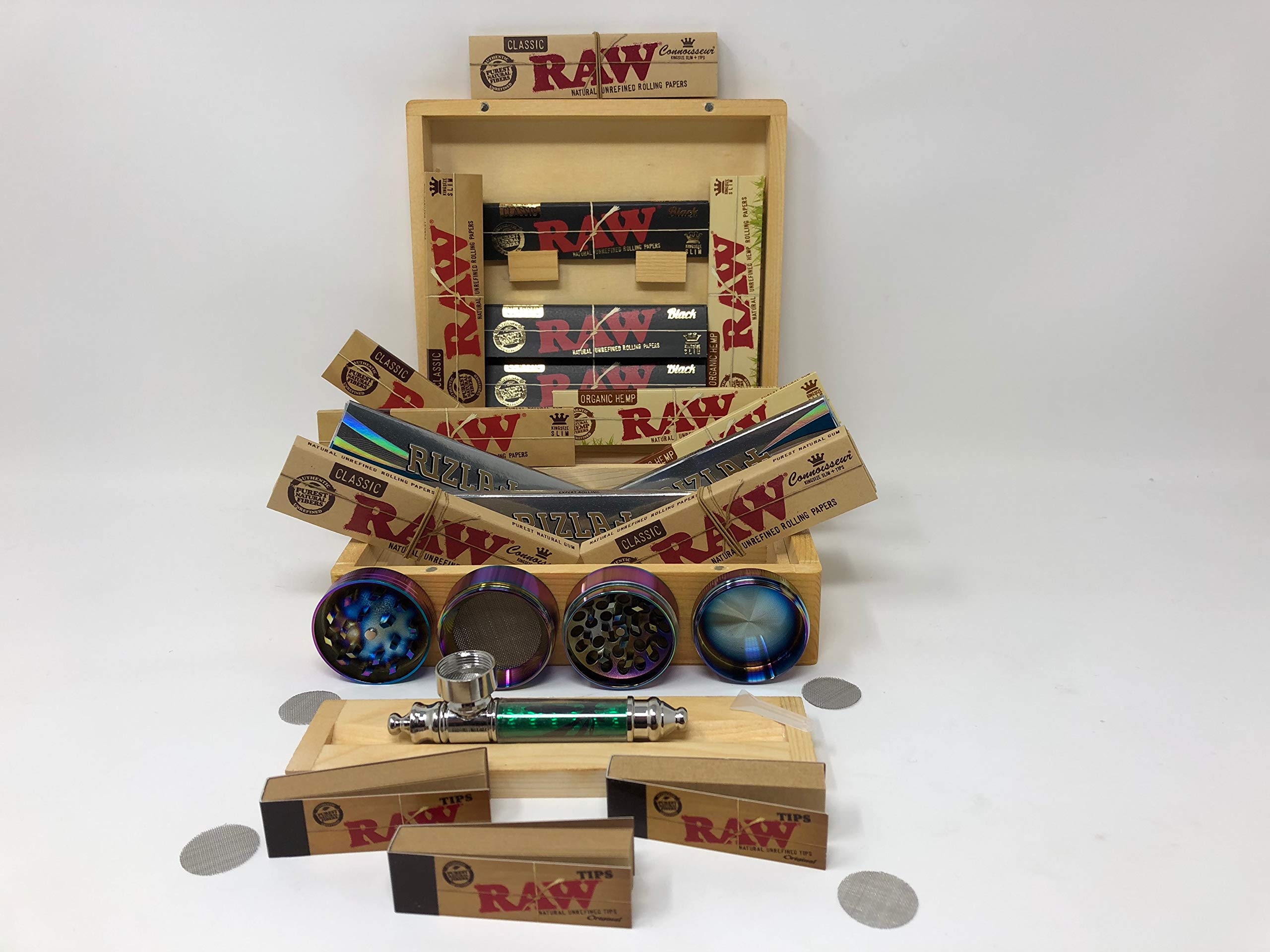 Rizla Wooden Rolling Box Gift Set with RAW Papers and Metal Grinder