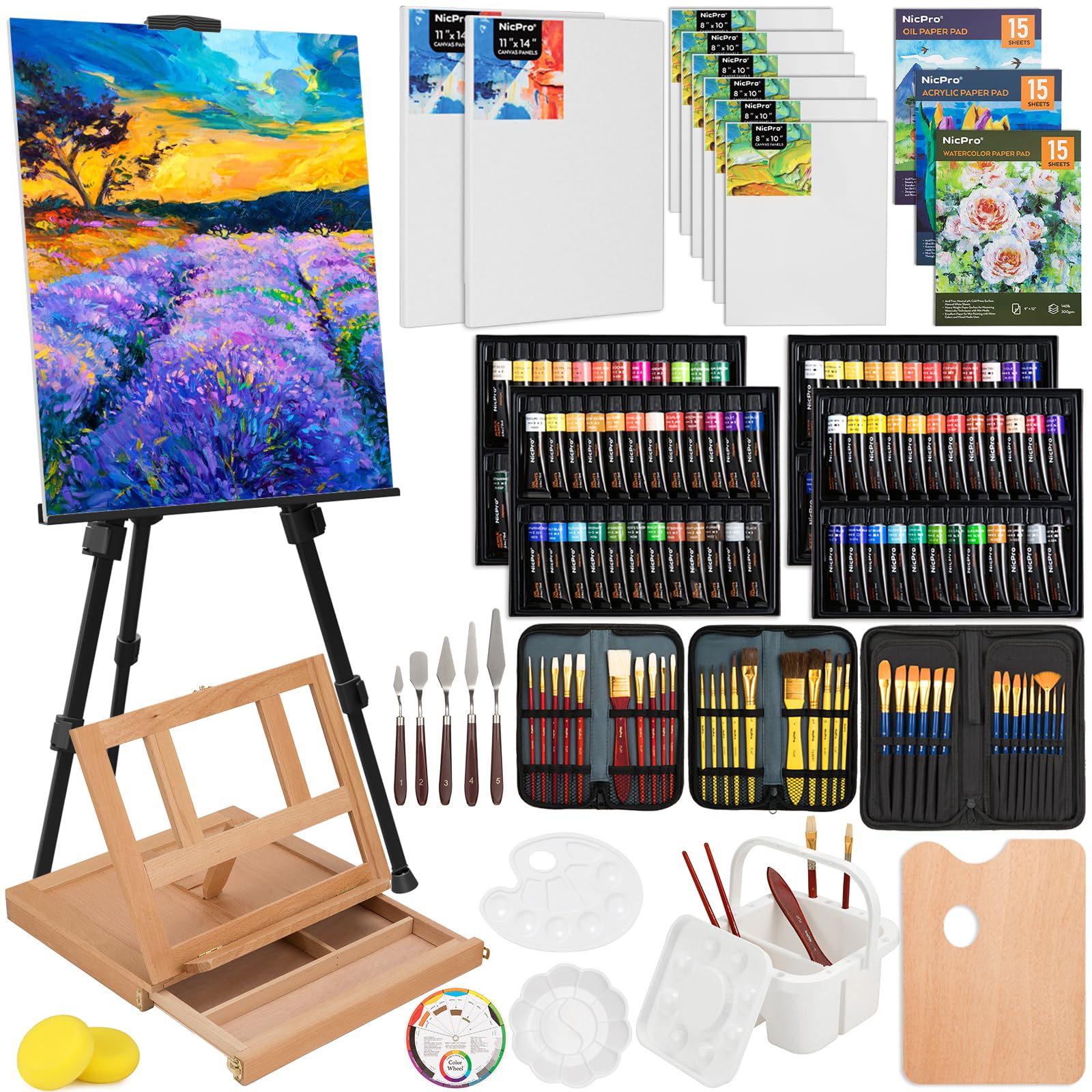 Nicpro 158PCS Deluxe Painting Kit | Metal & Wood Easels | Professional Art Set
