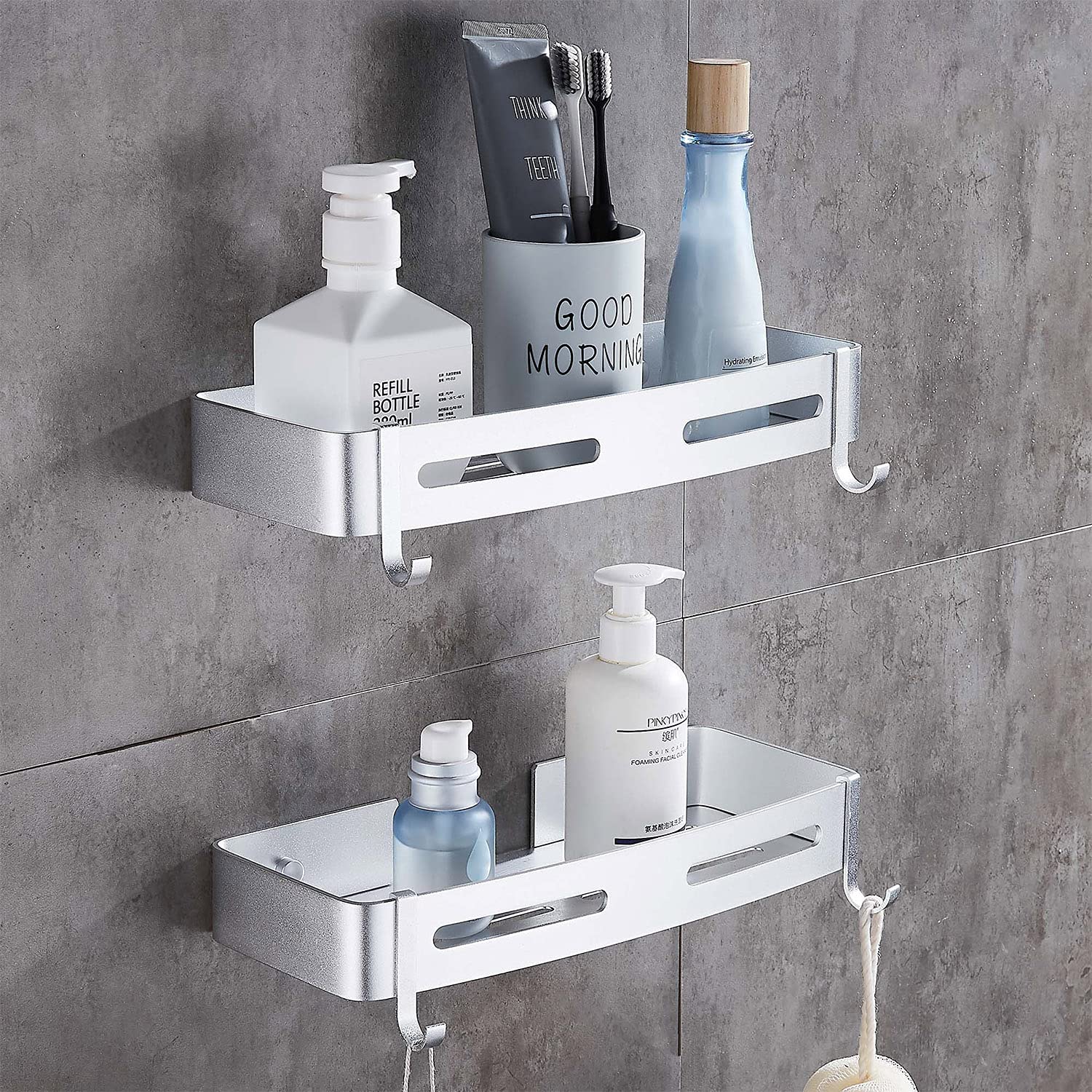 Hoomtaook Shower Caddy – No-Drill Space Aluminum Bathroom Shelf, 2 Pack