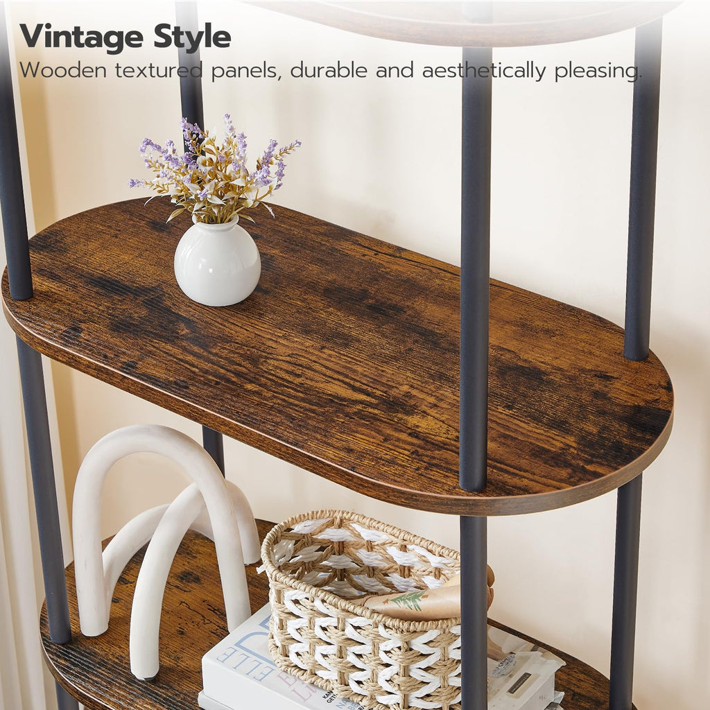 HOOBRO 5-Tier Industrial Arched Bookcase - Rustic Brown Tall Storage Shelf