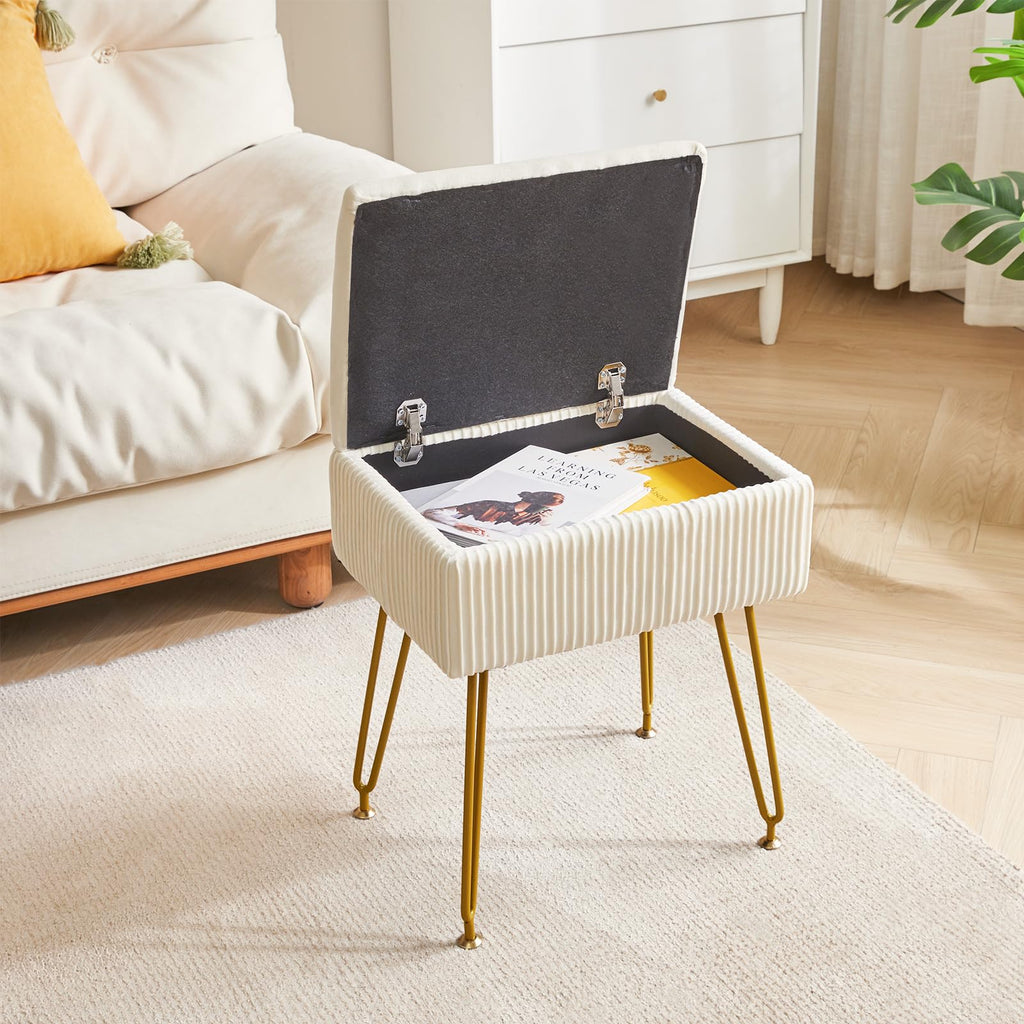 YMYNY Velvet Storage Ottoman | Pink Vanity Stool with Metal Legs