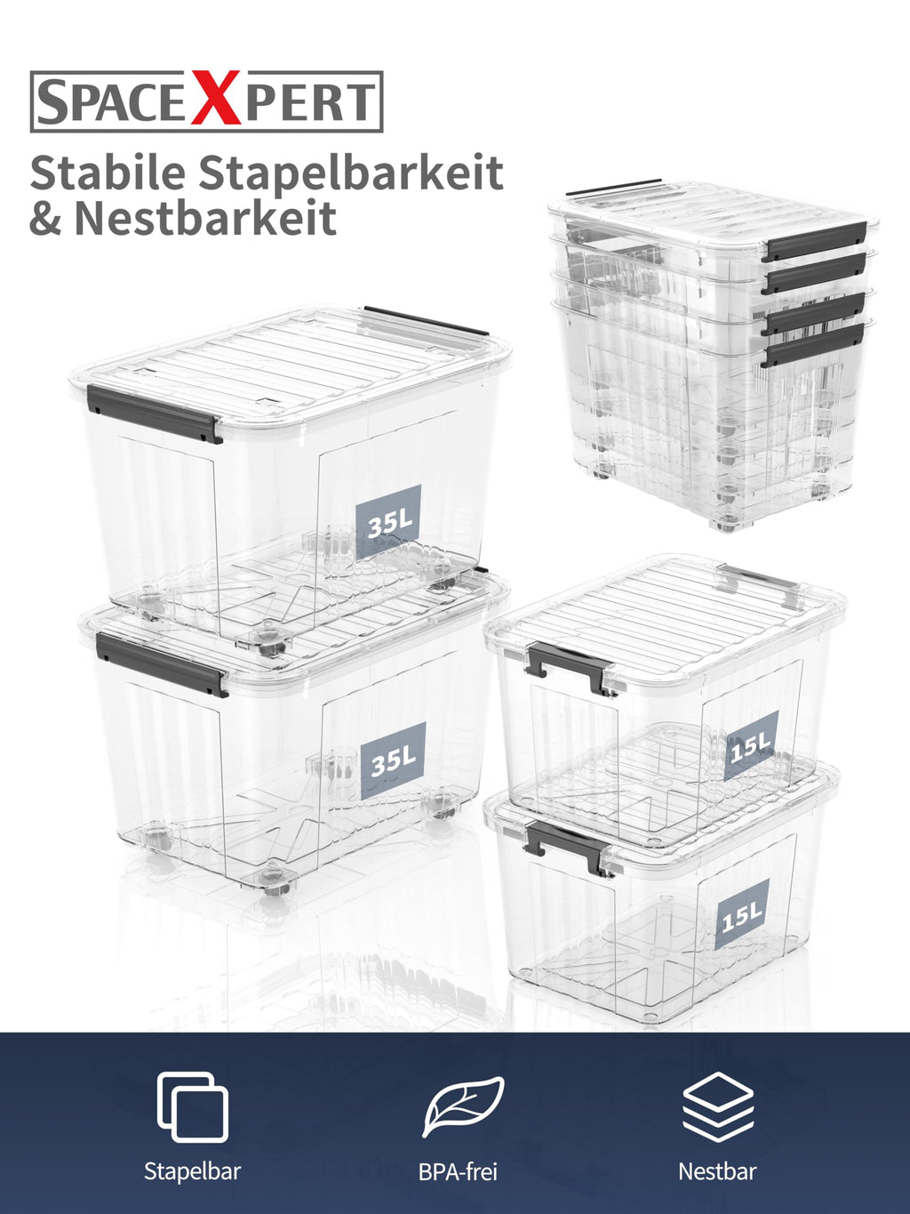 SpaceXpert Plastic Storage Boxes with Lid, Striped Storage Box 15L, Stackable Container for Home Office Accessories, Clear Bins, Polypropylene