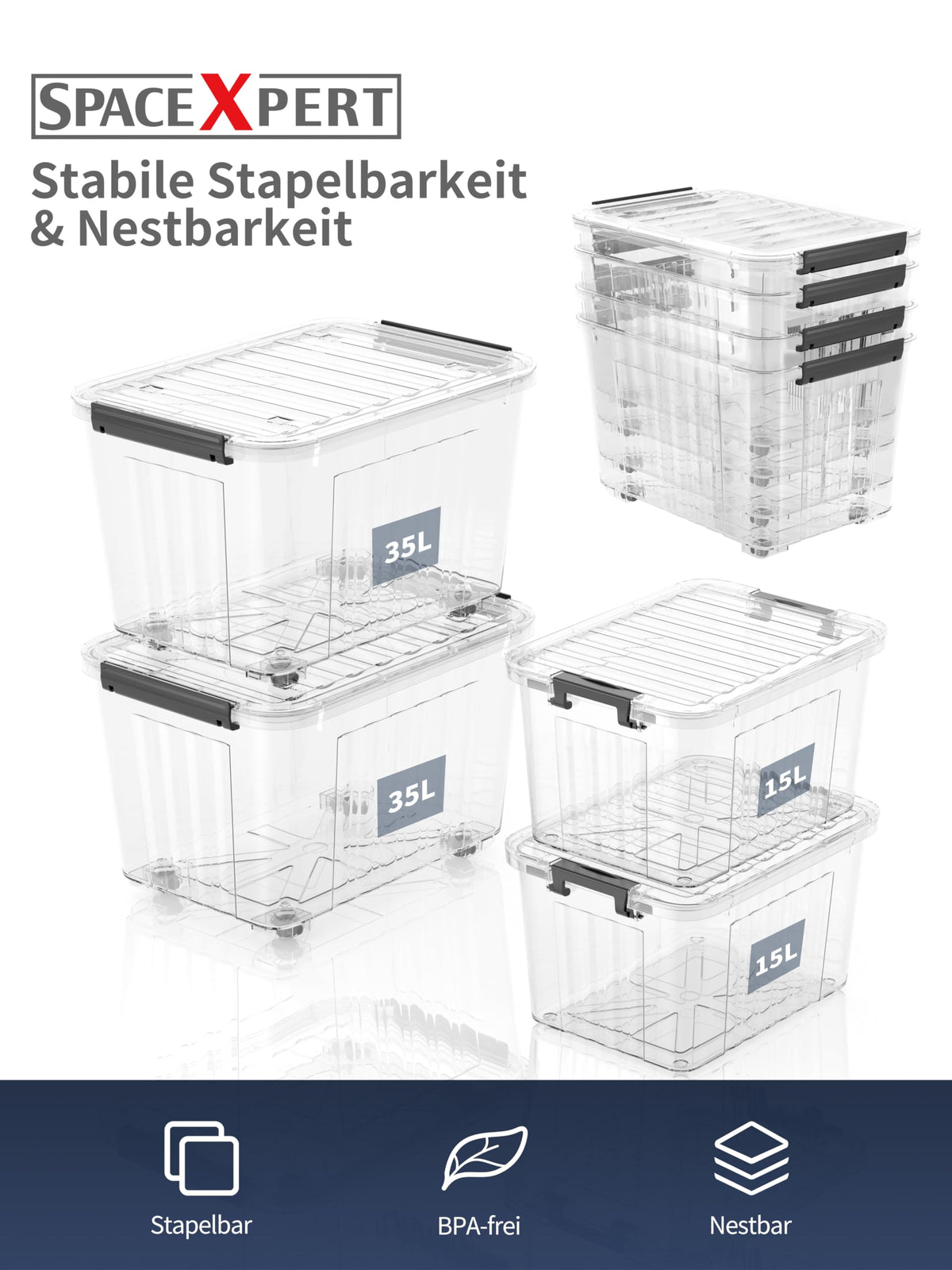 SpaceXpert Plastic Storage Boxes with Lid, Striped Storage Box 15L, Stackable Container for Home Office Accessories, Clear Bins, Polypropylene