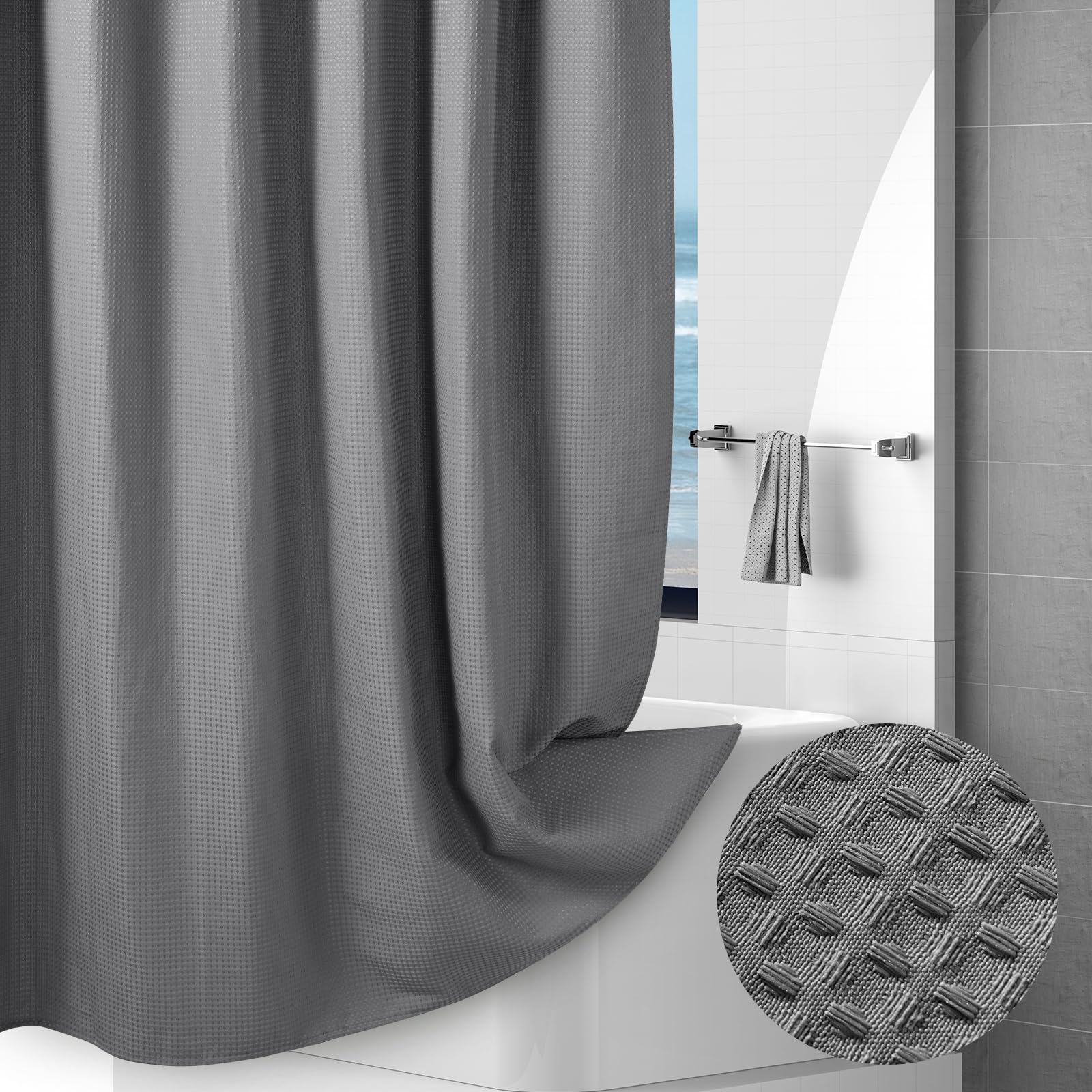 Waffle Shower Curtain – Grey Waterproof Heavy Duty 256GSM