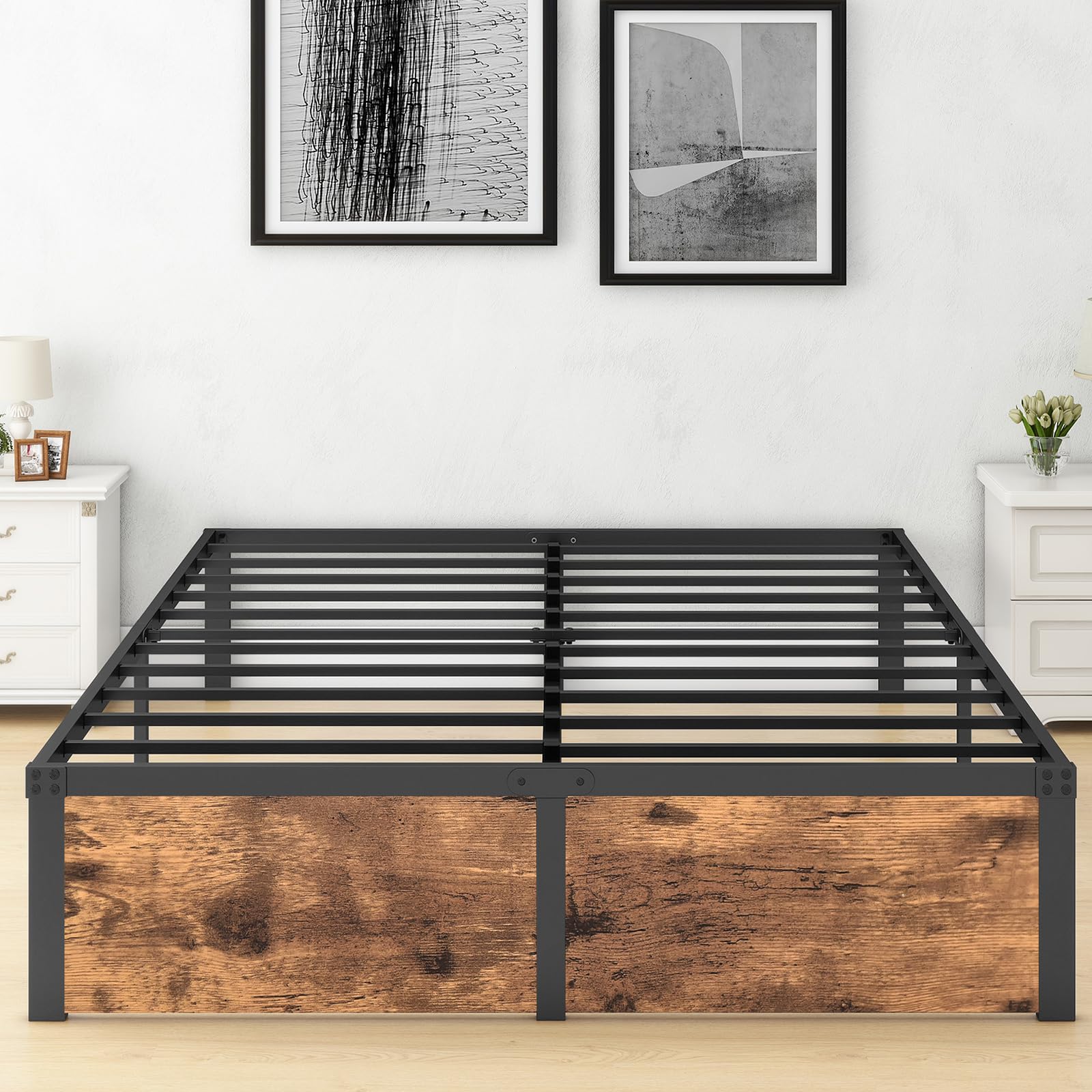 JUISSANO King Size Metal Bed Frame with Wooden Footboard and Storage