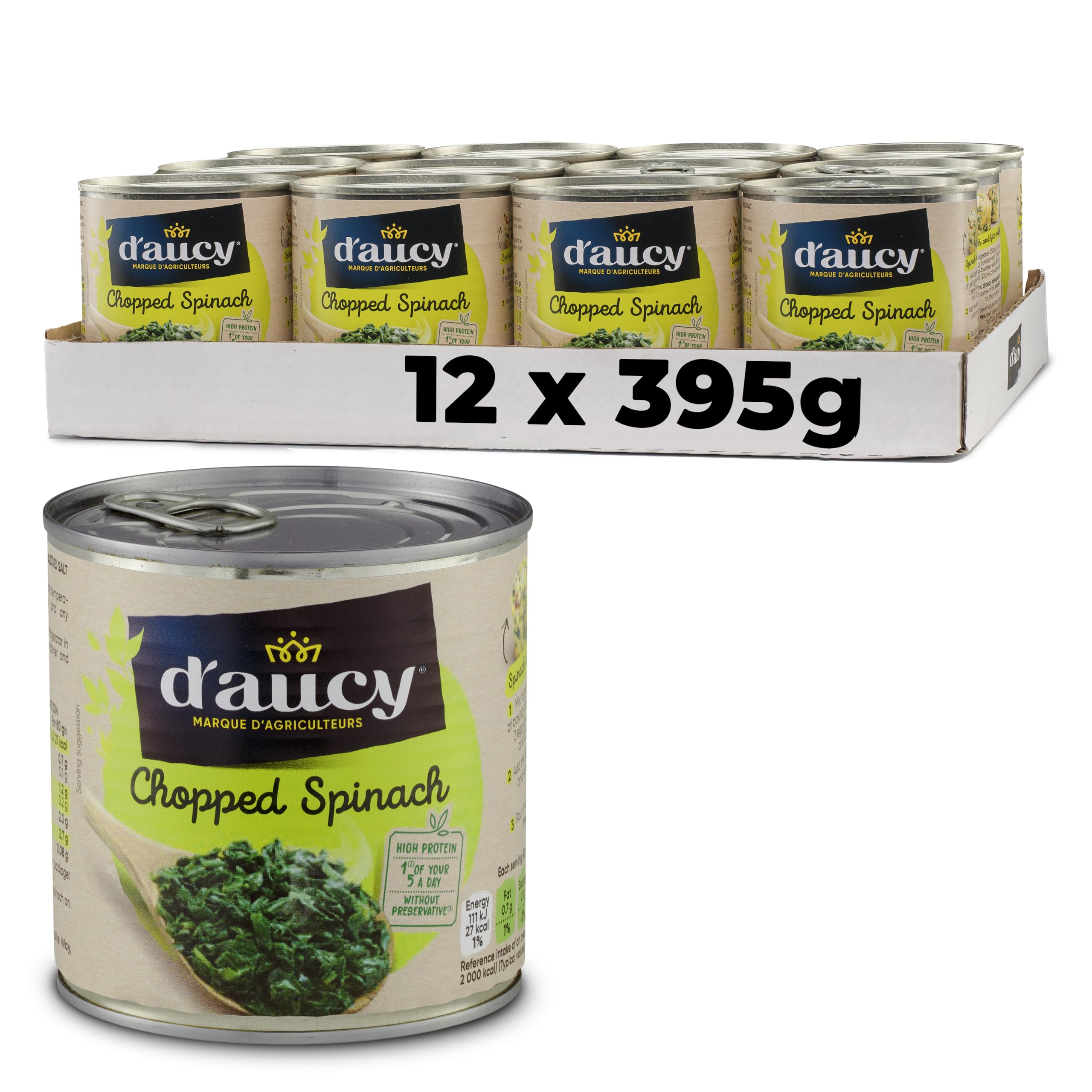 D'aucy Chopped Spinach - Cooked Canned Vegetable - 12 x 395g Bulk
