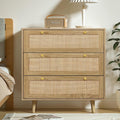 Yvsevnr 3 Drawer Rattan Dresser – Boho Wood Chest of Drawers, Rustic Oak