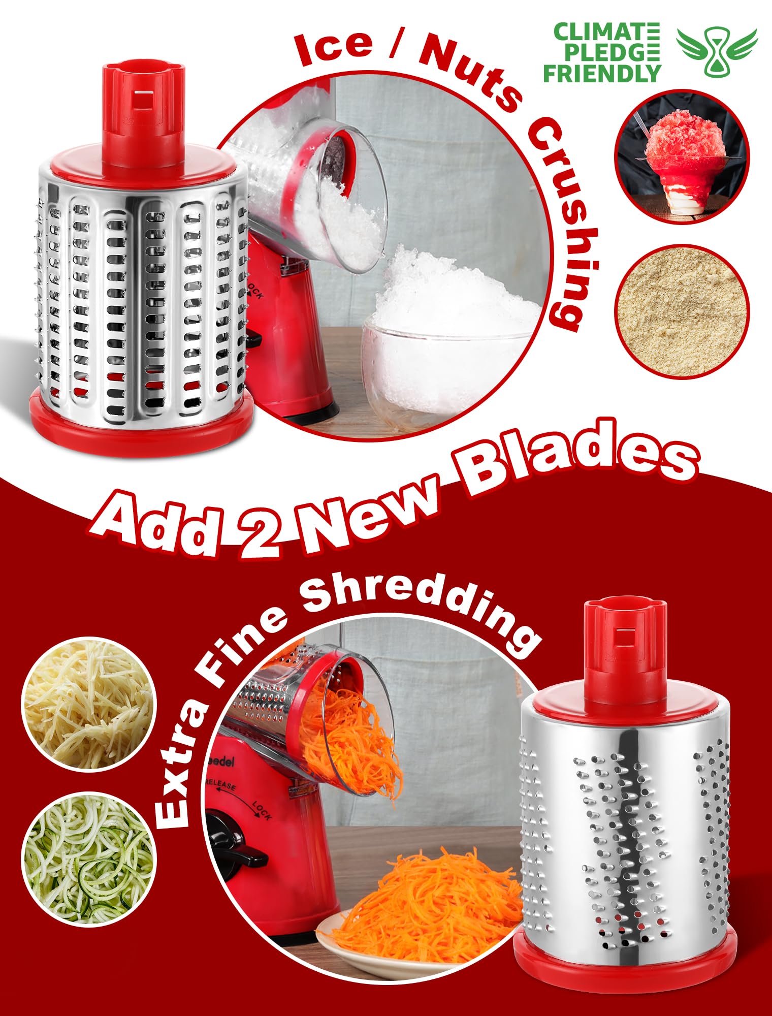 Geedel Rotary Cheese Grater – 5-Blade Vegetable Slicer and Ice Crusher, Red
