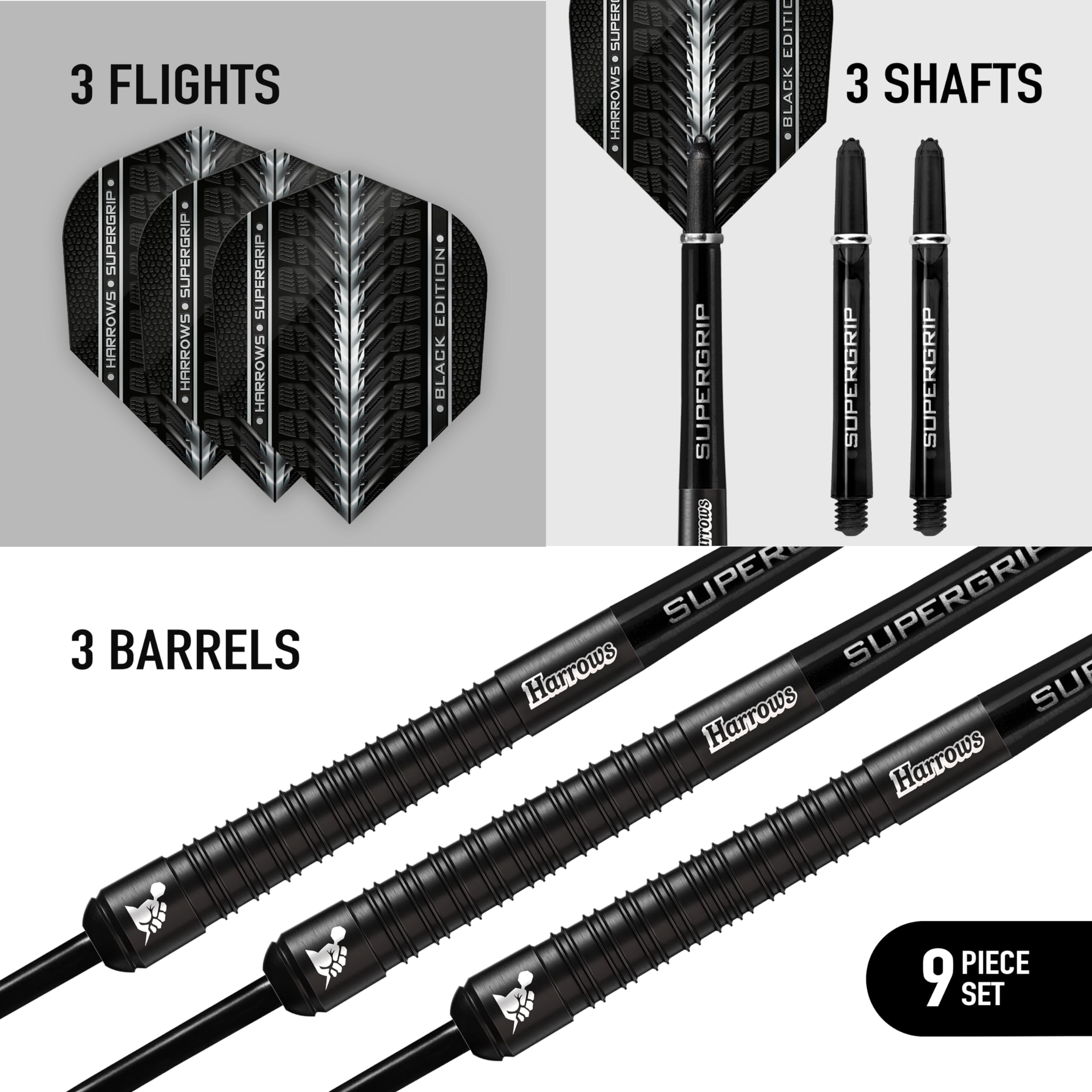 Harrows Supergrip Black Edition 90% Tungsten Steel Tip Darts Set