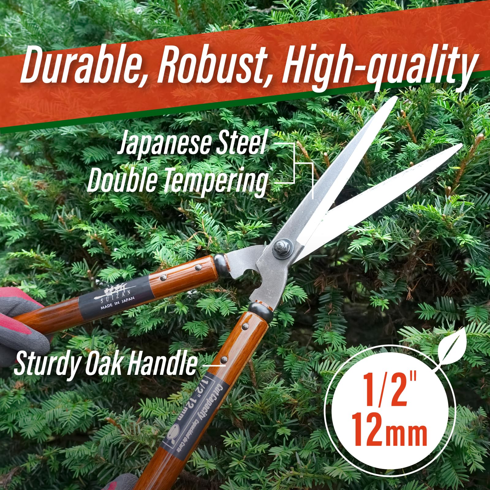 SUIZAN Japanese Hedge Shears – 575mm Steel Clippers with Oak Handle