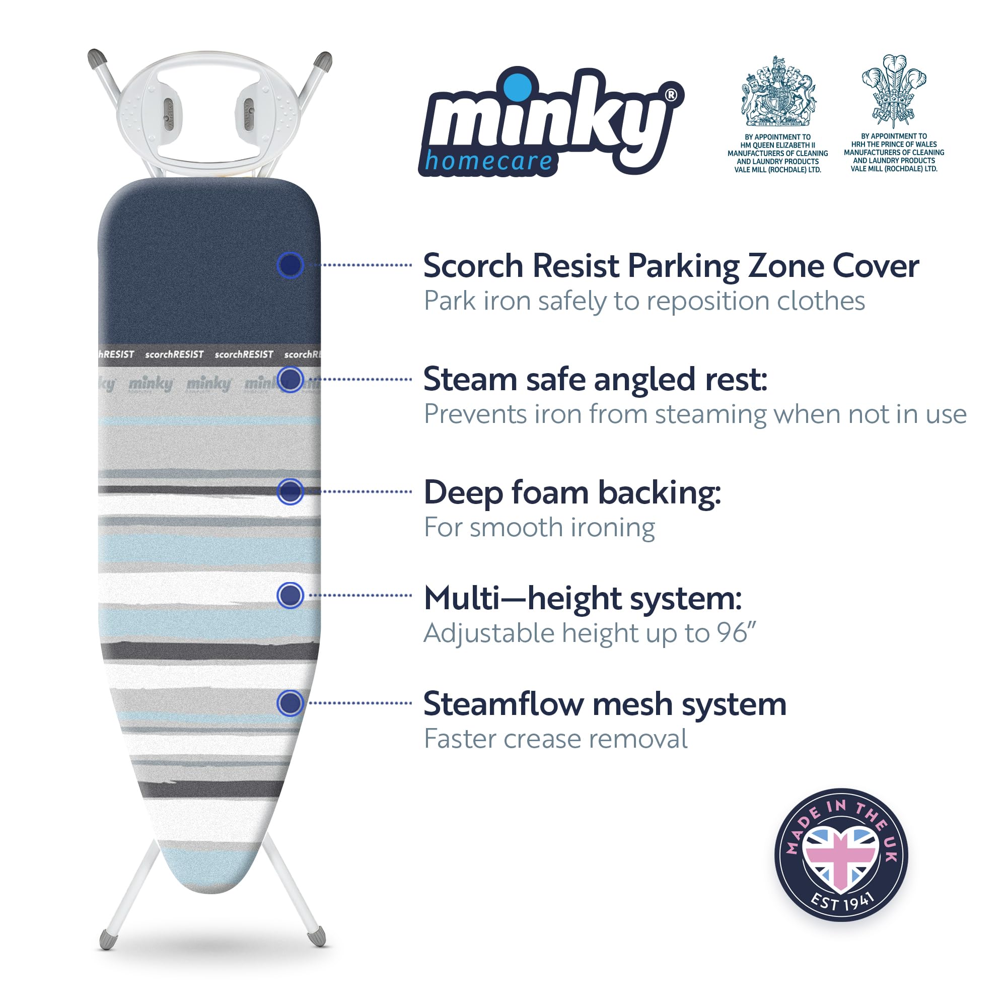 Minky Premium Ironing Board – 122 x 38 cm – Steamflow Mesh System