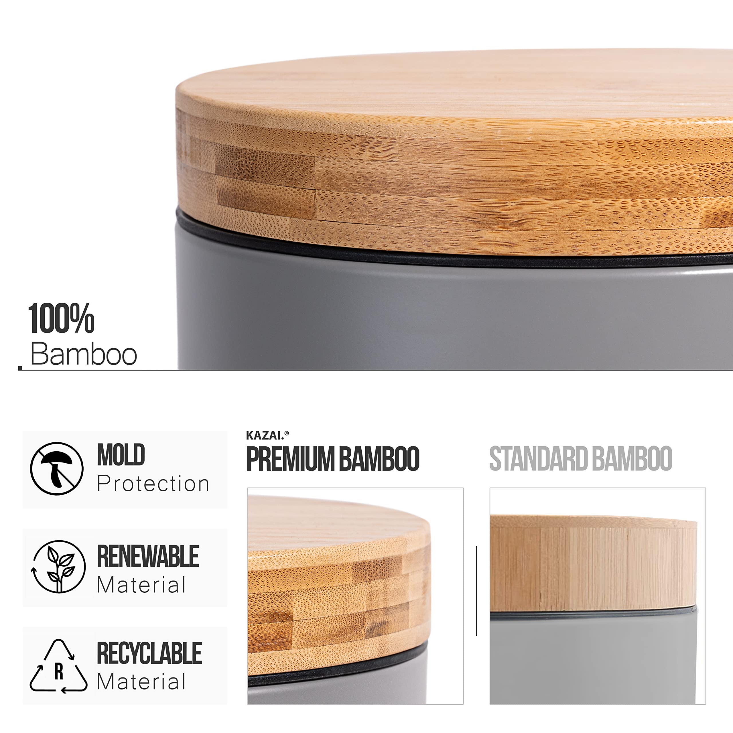 Kazai 5L Bathroom Bin – Soft Close Matte Grey Wastebin with Bamboo Lid