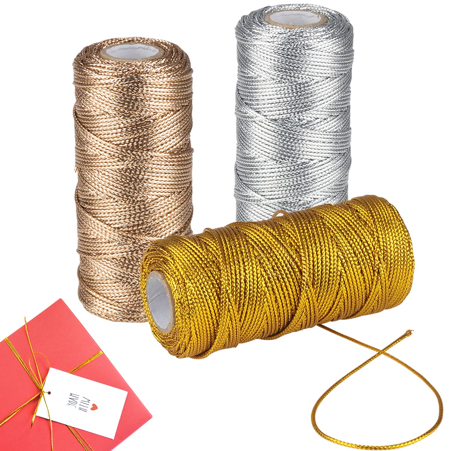 ZDNT Metallic Gold Twine String - 3 Rolls 1.5mm Cord for Gift Wrap & Crafts