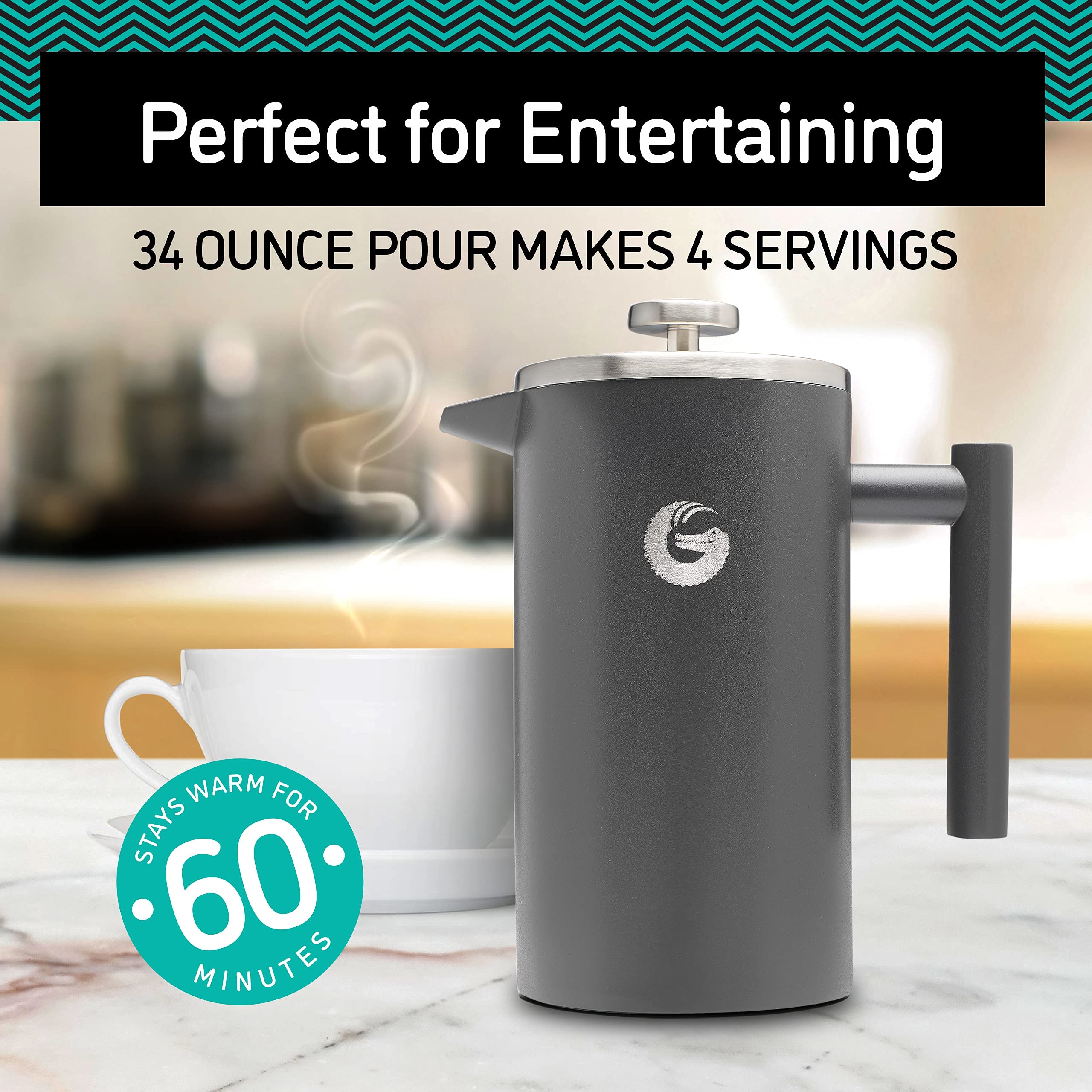 Coffee Gator 1L French Press - Insulated Double-Wall Stainless Steel Maker