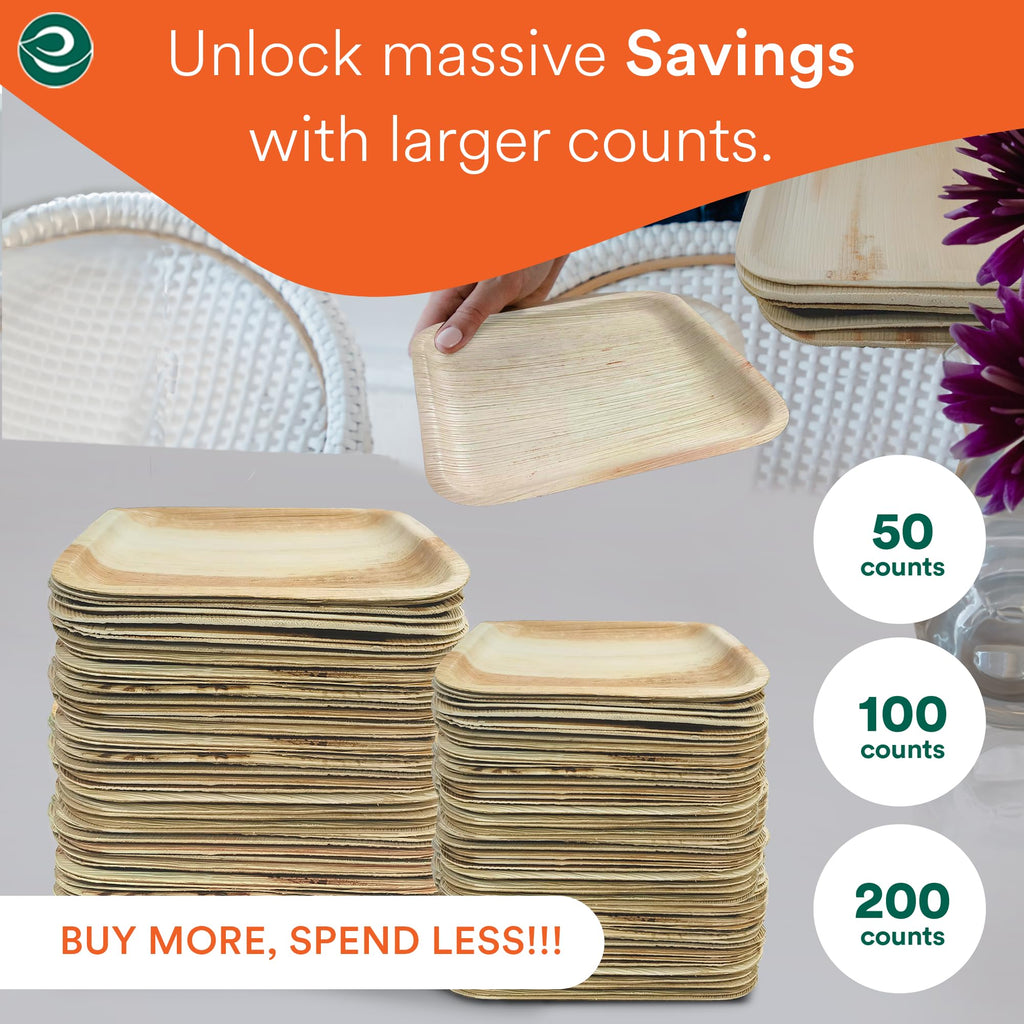 Eco Soul Palm Leaf Square Plates | 100 Pack Compostable Dinnerware Set