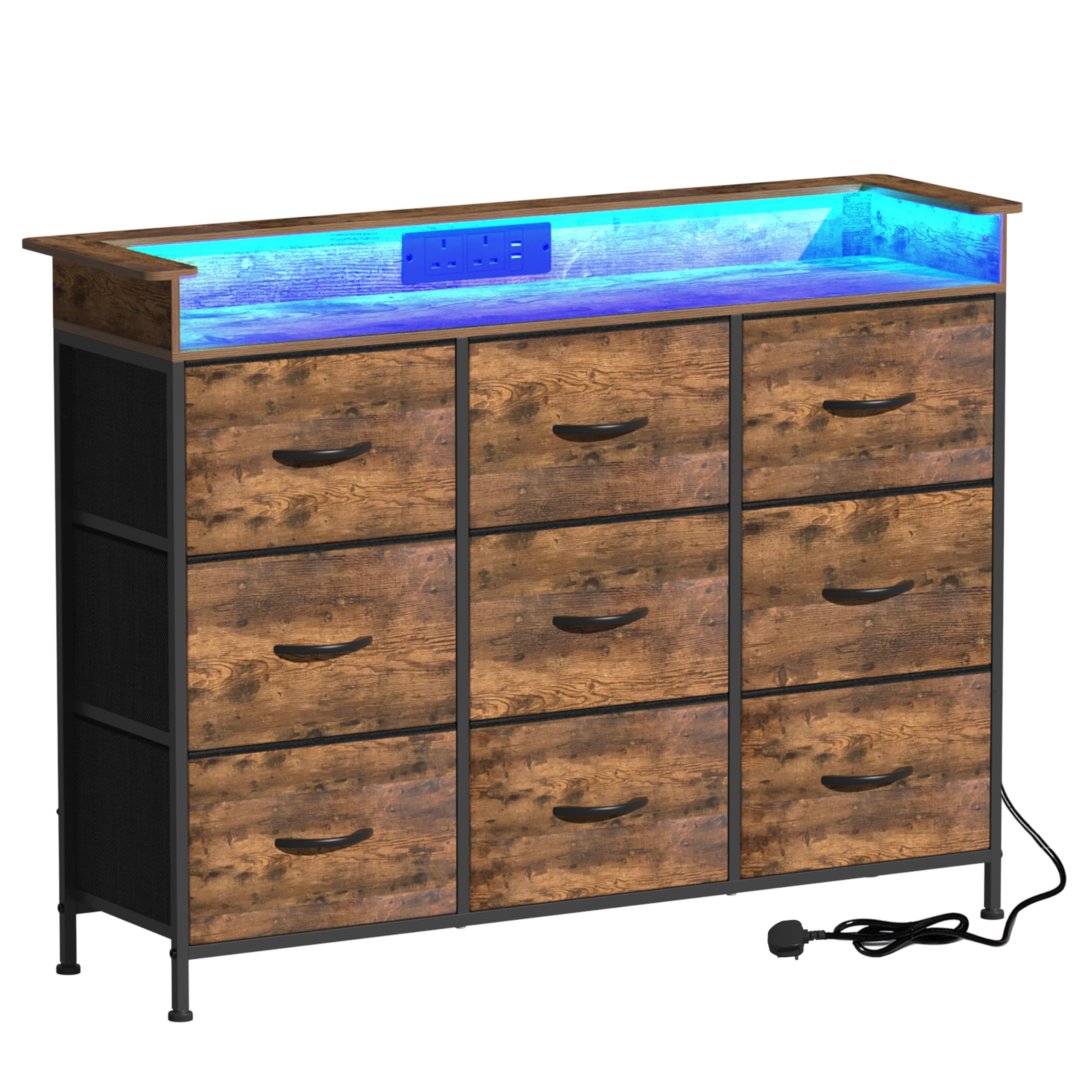 VEDECASA 9-Drawer Fabric Dresser with LED Lights and Charging Station