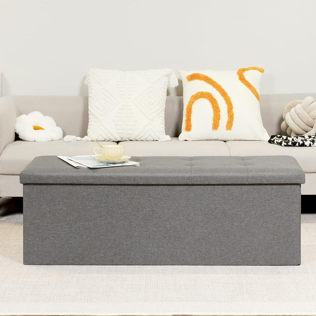 Bonlife Grey Extra Large Folding Storage Ottoman Bench | 110cm Toy Chest
