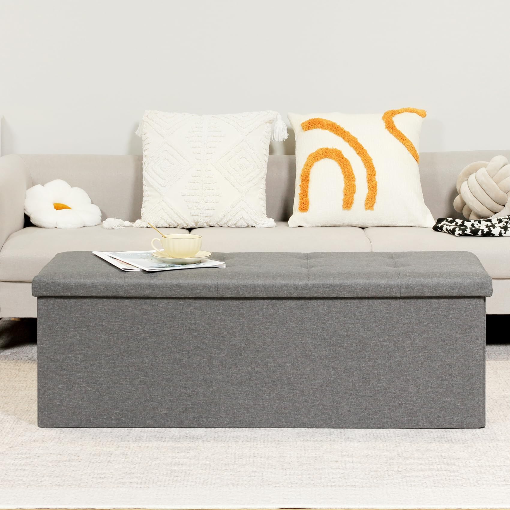 Bonlife Grey Extra Large Folding Storage Ottoman Bench | 110cm Toy Chest
