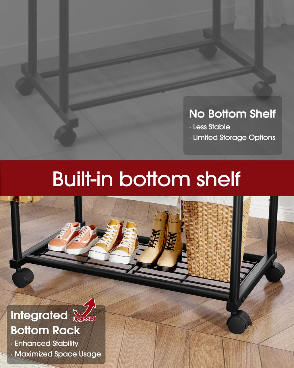 Sakugi Double Rod Clothing Rack with Shelf & Wheels, 98x42x150cm, Black - image 4