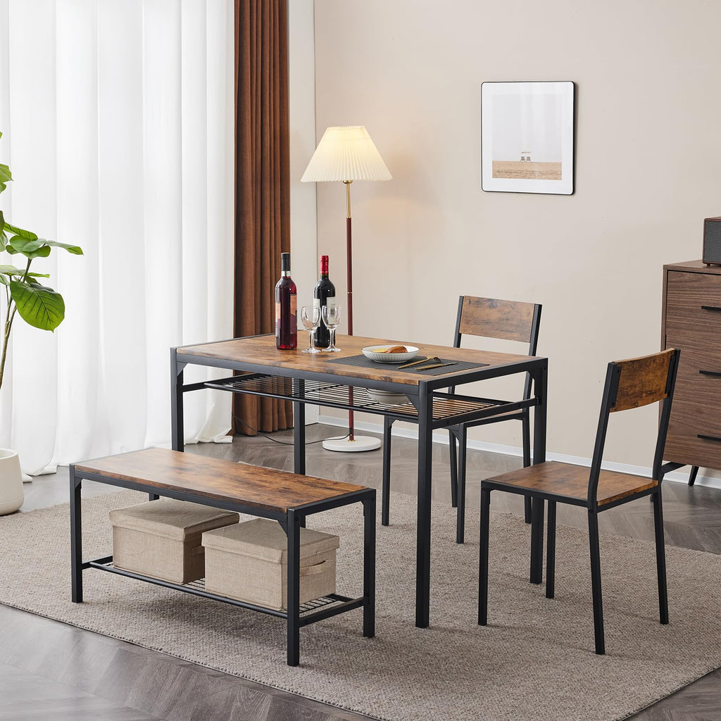 Bonnlo 4 Piece Dining Table Set for 4, Kitchen Table with 2 Chairs and a Bench, Space Saving Small Dining Set with Storage Shelf - image 4