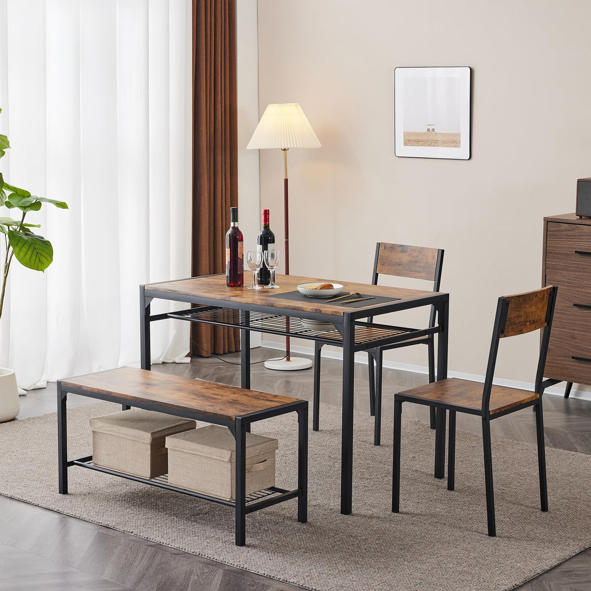 Bonnlo 4 Piece Dining Table Set for 4, Kitchen Table with 2 Chairs and a Bench, Space Saving Small Dining Set with Storage Shelf - image 4