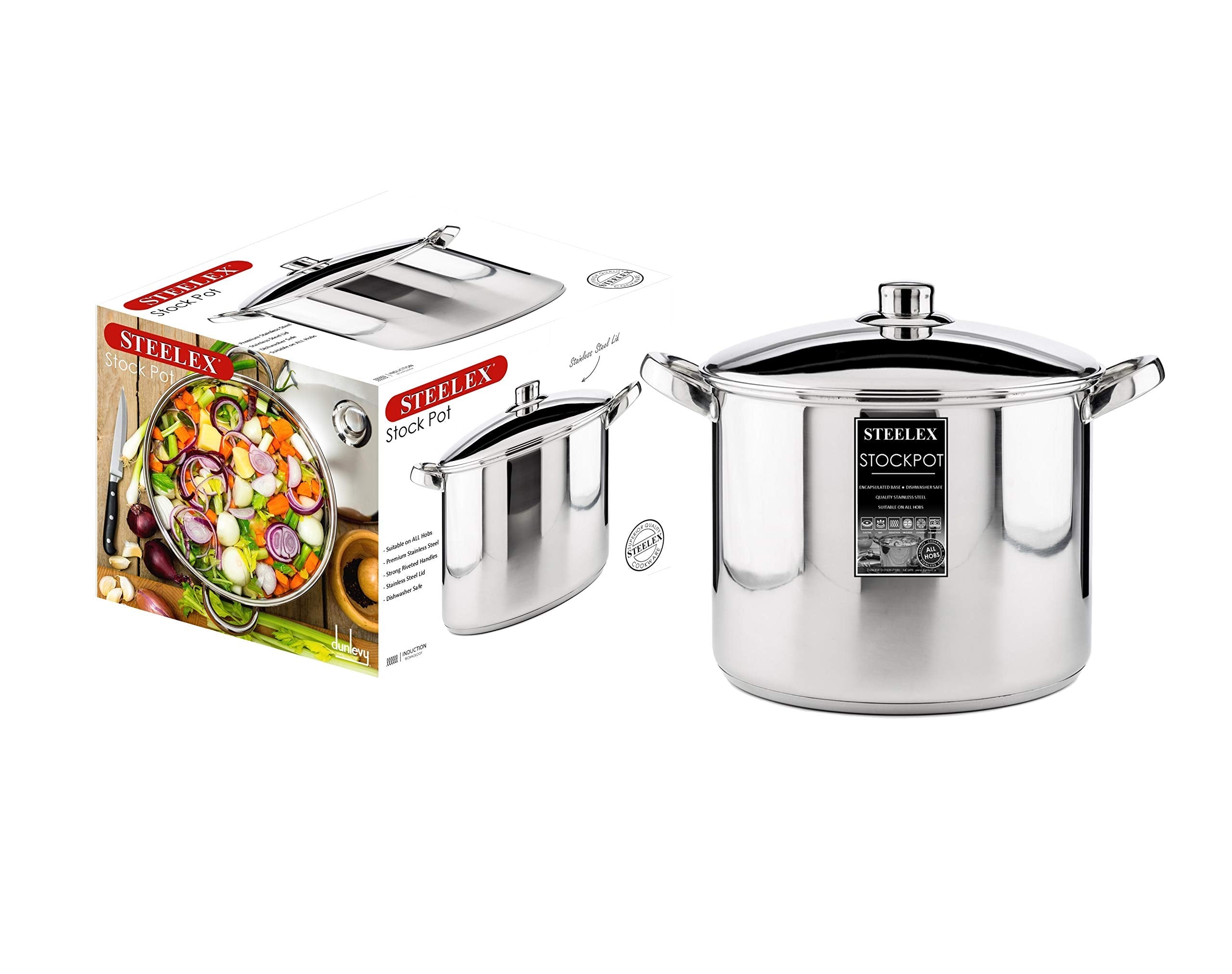 Steelex Stainless Steel Induction Stock Pot with Lid - Mirror Polished Finish