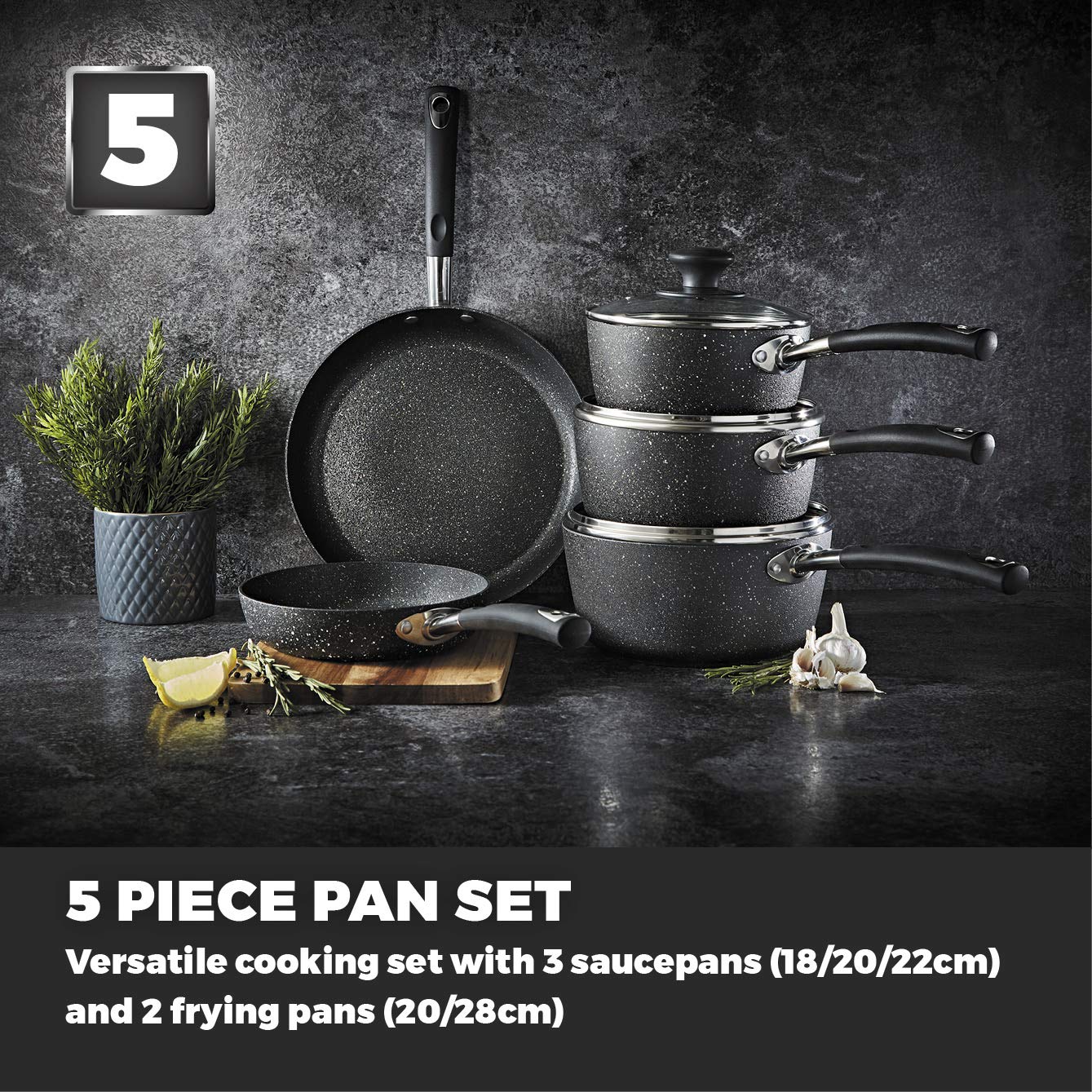 Tower Precision 5 Piece Non-Stick Pan Set | Black Diamond Coating