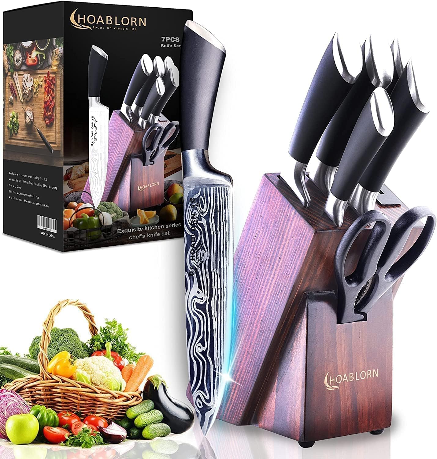 7-Piece Damascus Stainless Steel Knife Set with Sharpener