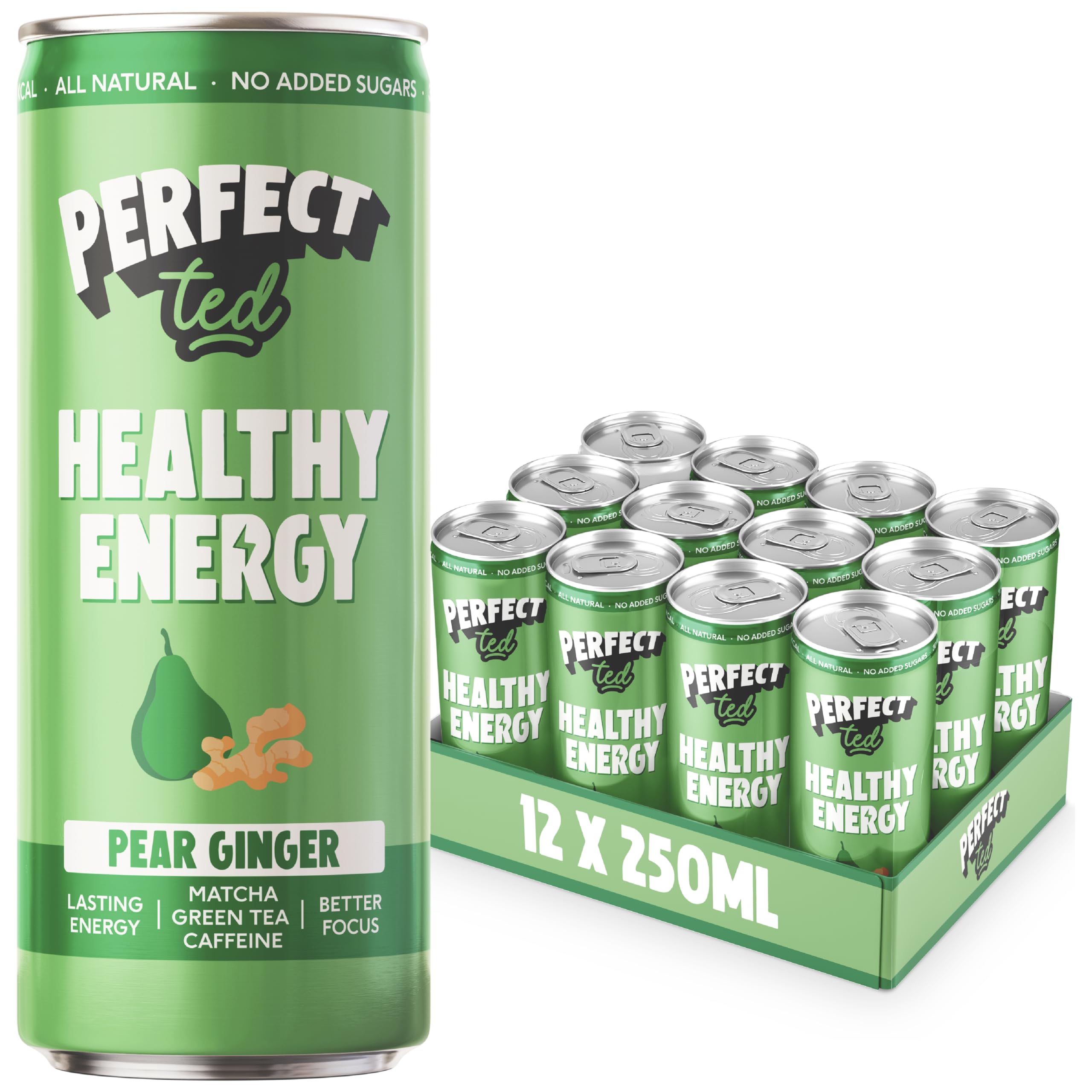 PerfectTed Pear Ginger Green Tea Energy Drink - 12 x 250ml Cans