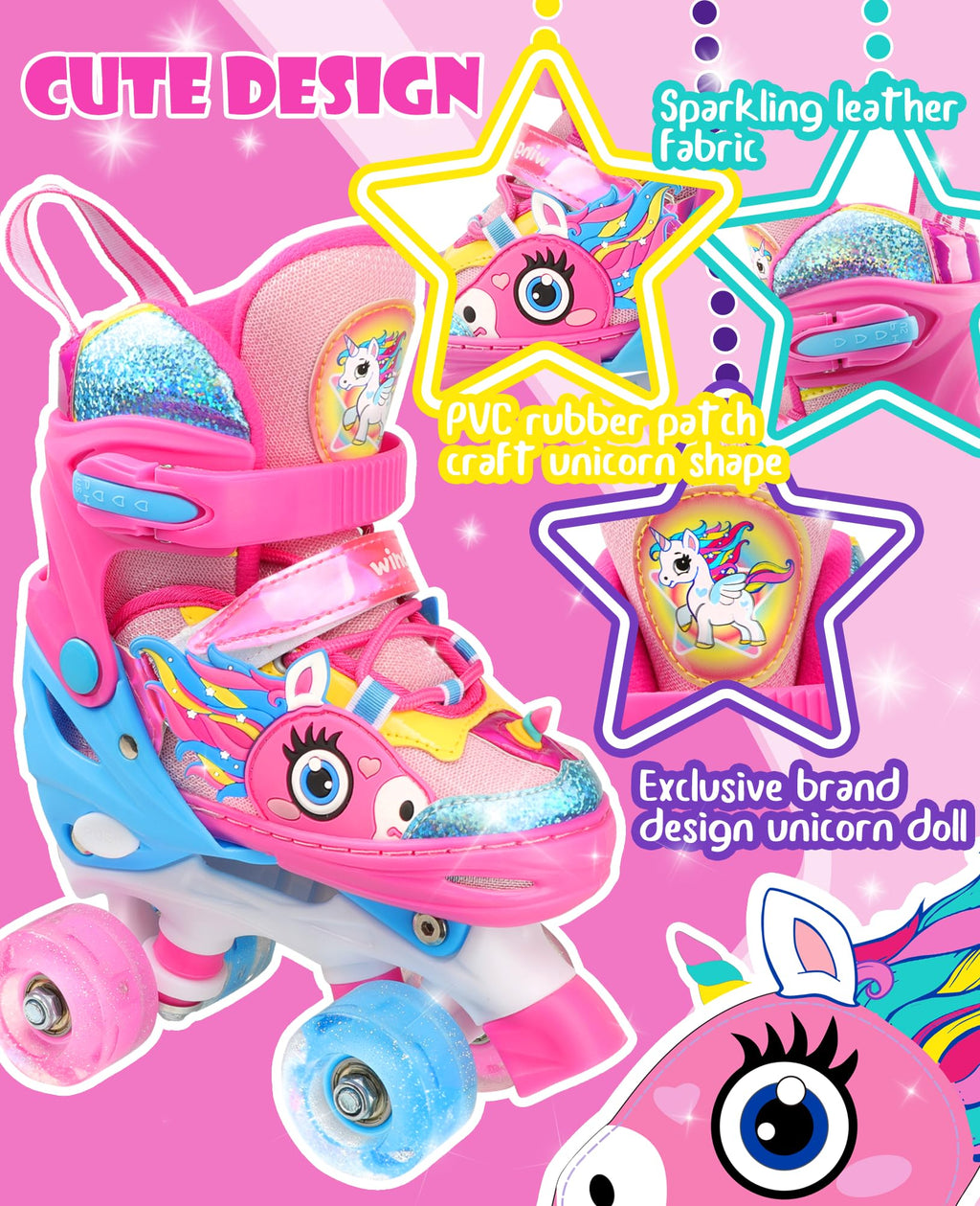 WESKIFAN Girls Unicorn Roller Skates | Adjustable Light Up Quad Skates