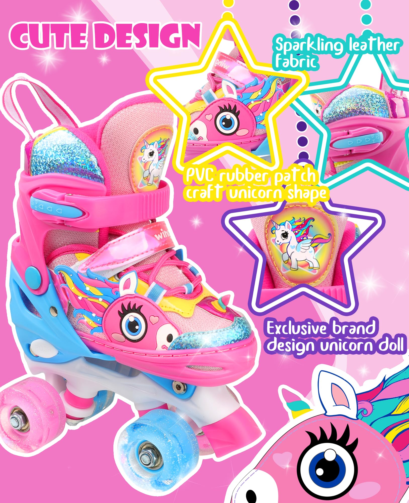 WESKIFAN Girls Unicorn Roller Skates | Adjustable Light Up Quad Skates