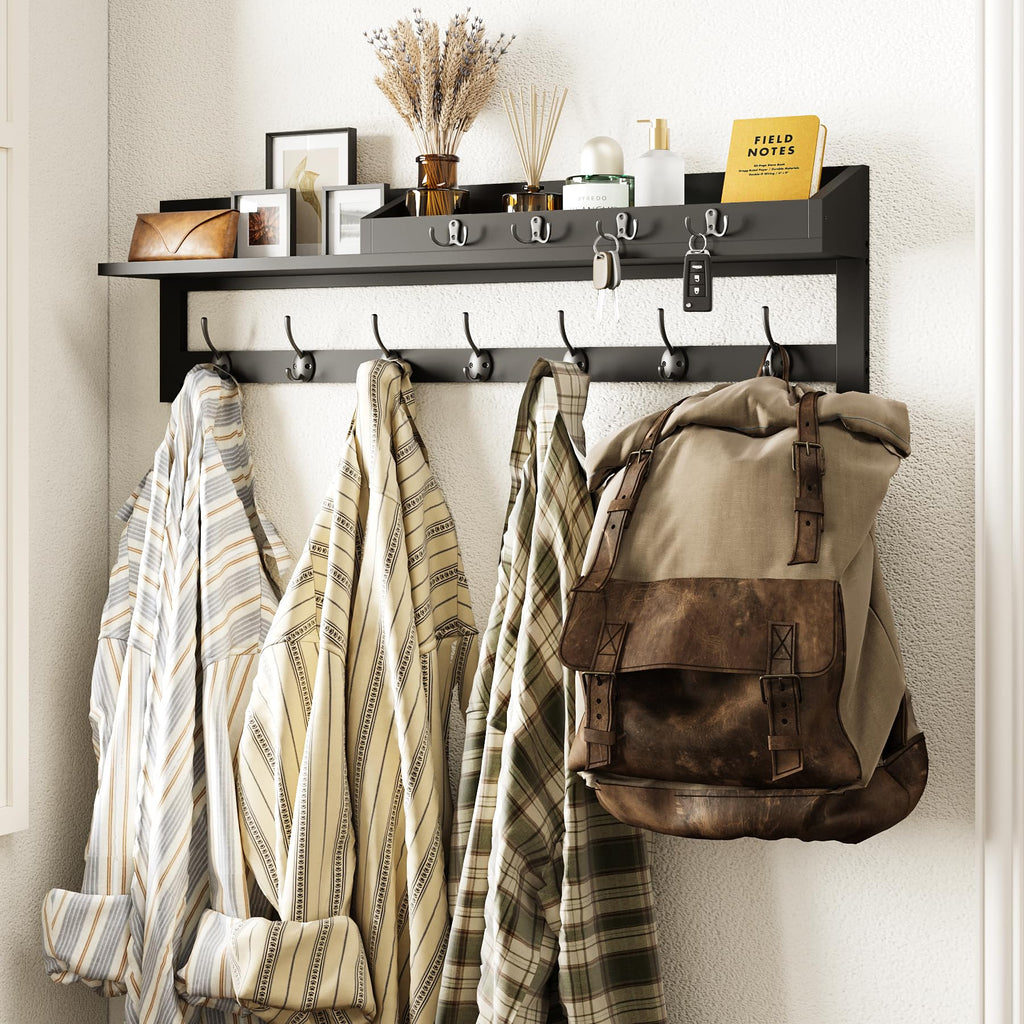 AMBIRD 89cm Wall-Mounted Coat Rack, Large Coat Hanger, Entryway Shelf with 7 Dual Hooks and 4 Key Hooks, Mail Organiser, Wooden Key Holder Black