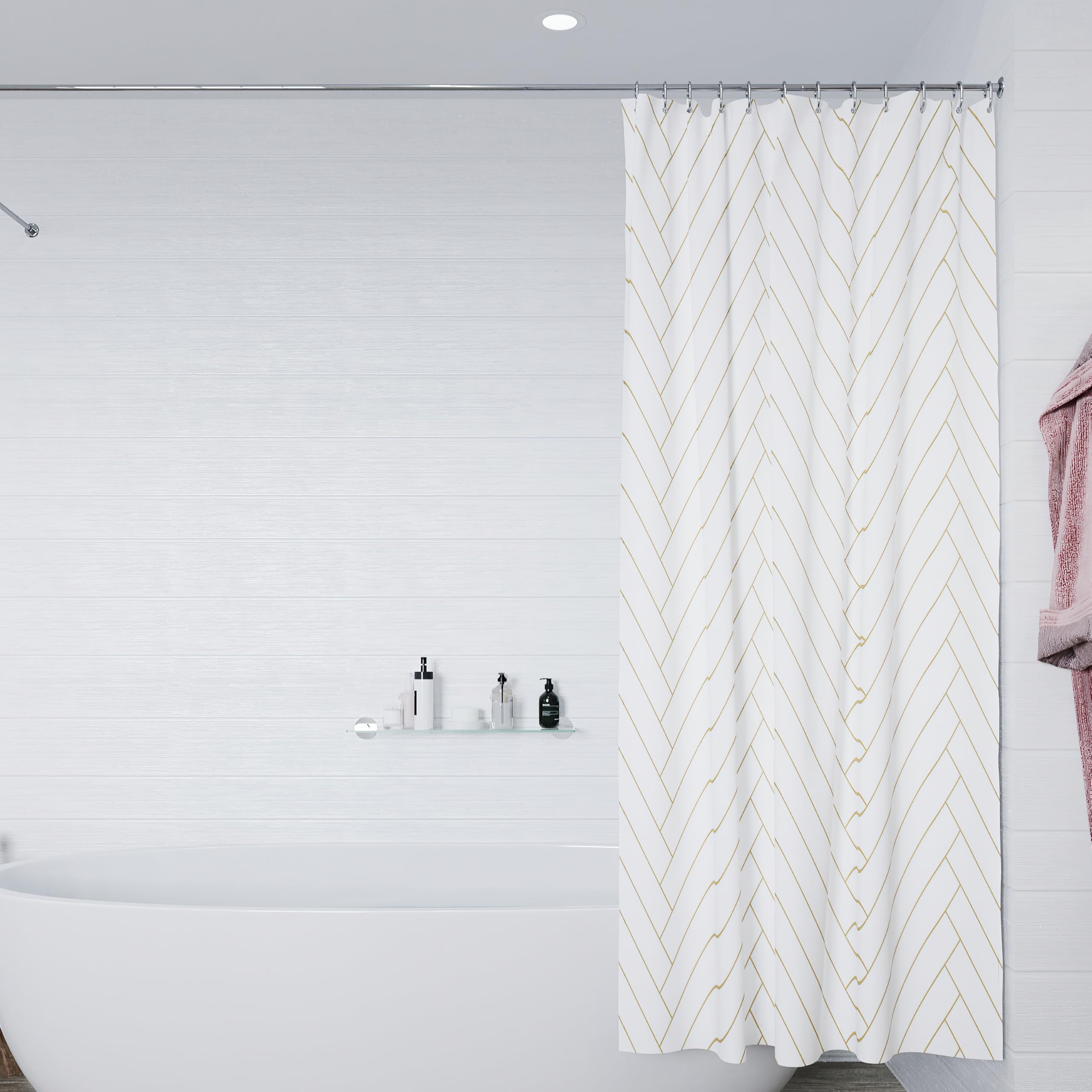 Croydex Gold Chevron Shower Curtain – 180x180cm Waterproof Polyester