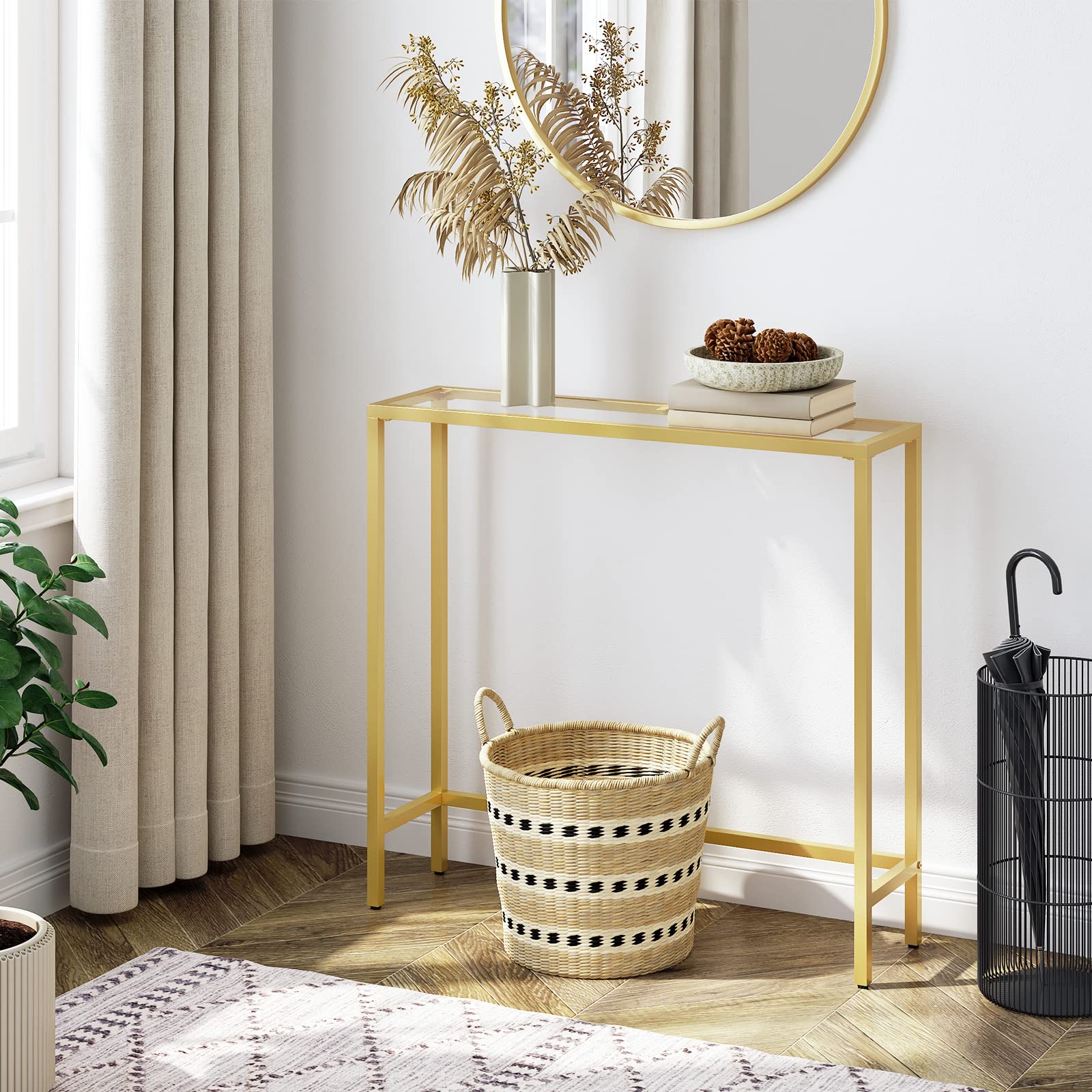 HOOBRO Gold Console Table | Slim Tempered Glass Sofa Table for Entryway