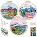 WIVLAX 3 Pack Mountain Landscape Embroidery Kit for Beginners with Hoops