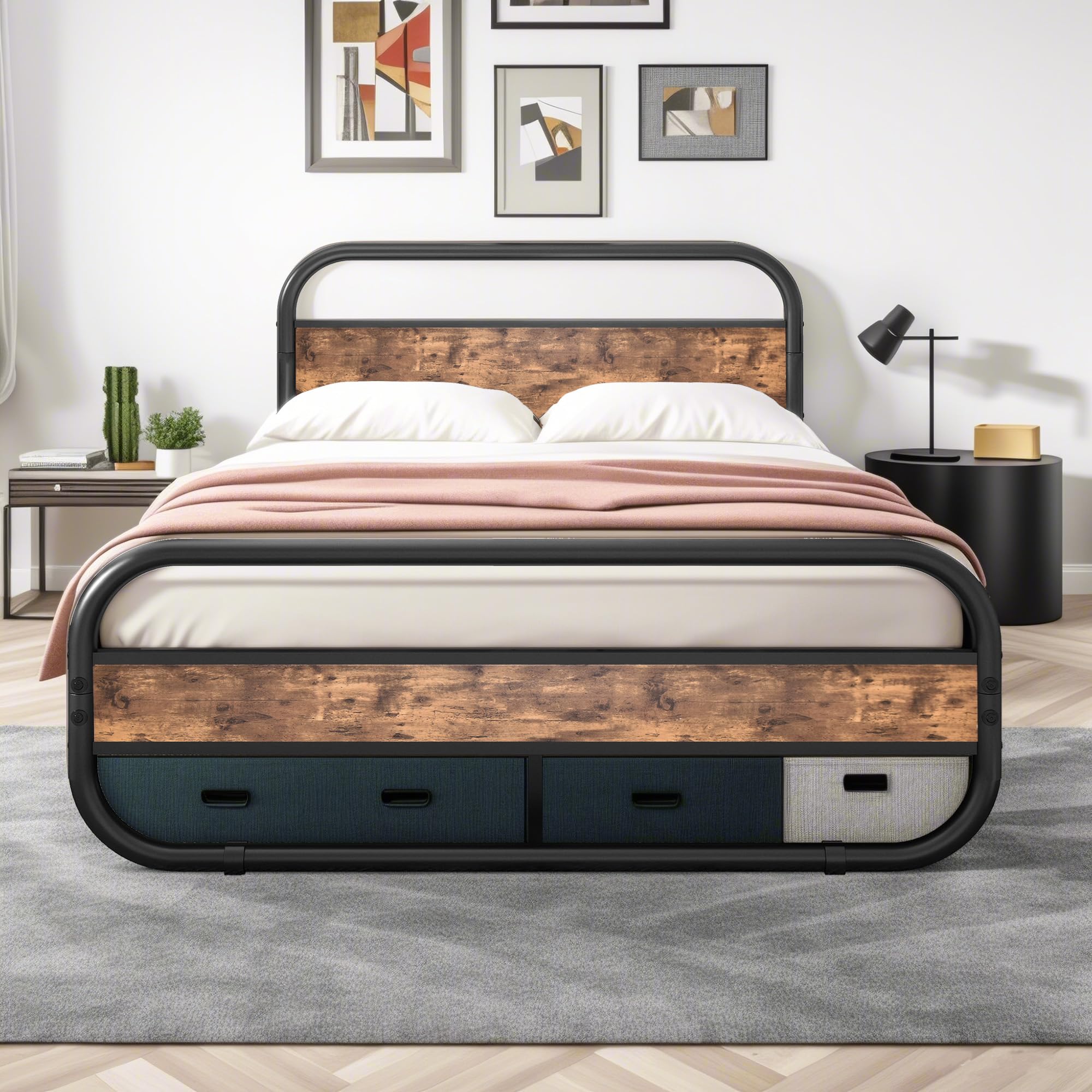 Diahomy King Size Metal Platform Bed Frame with Wood Headboard