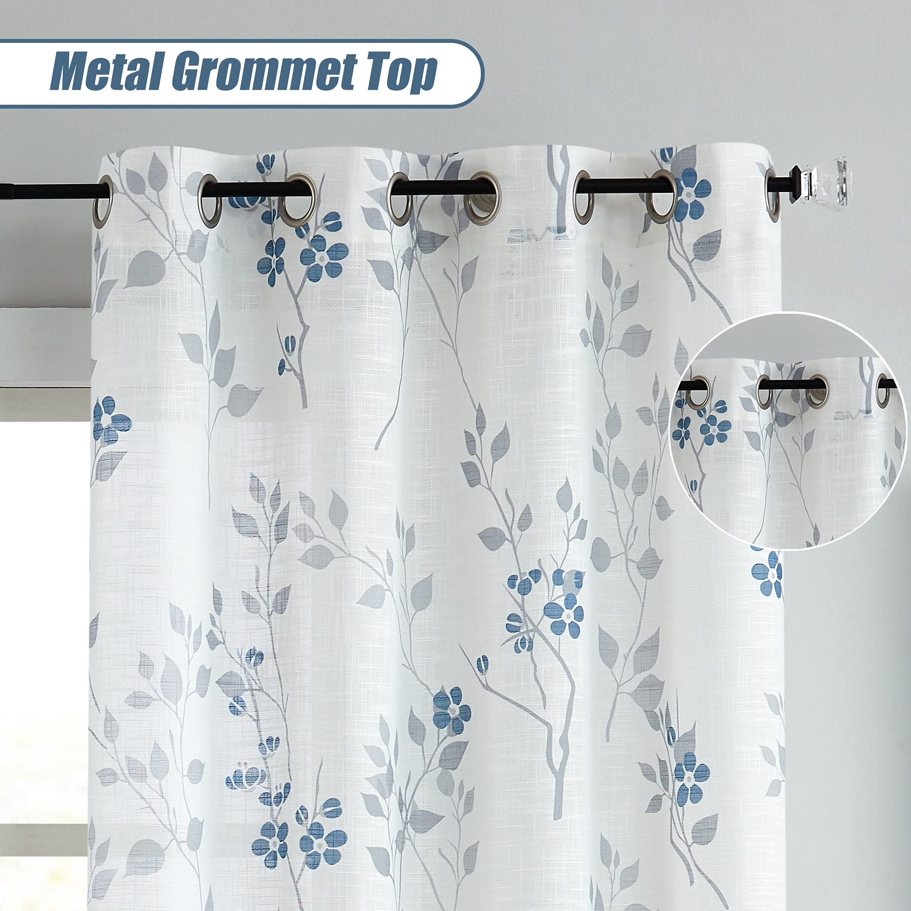 Beauoop Blue Grey Floral Semi Sheer Curtains - Linen Textured 90 Drop