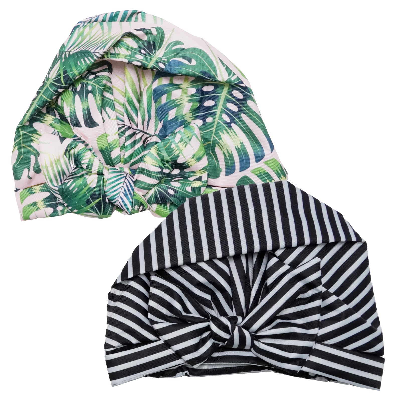 2-Pack Waterproof Shower Caps – Adjustable Stripe & Palm Leaf
