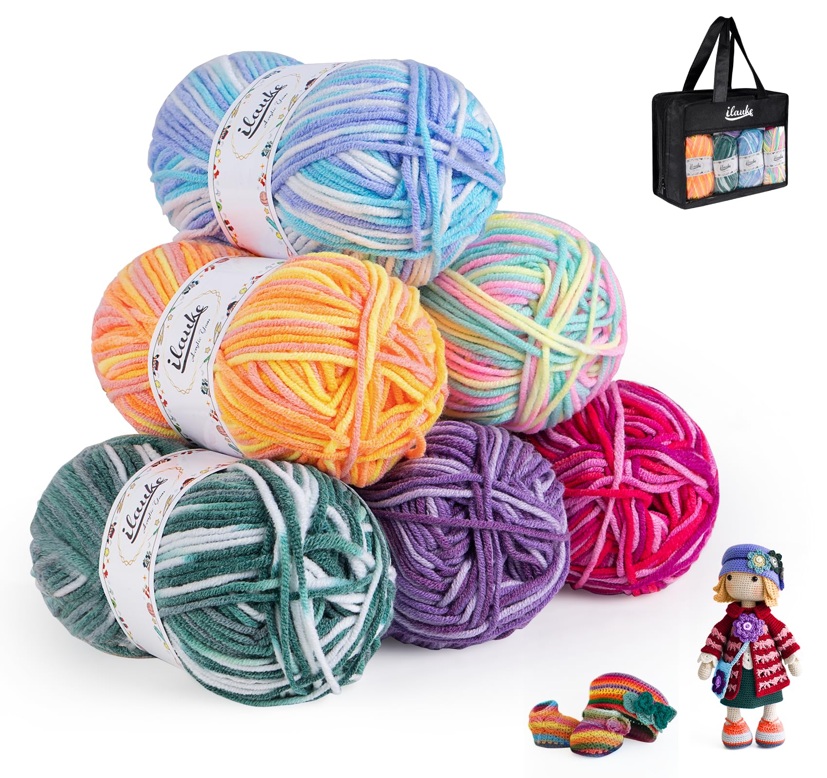 ilauke Multicoloured Acrylic Yarn - 6 x 50g Soft Knitting Wool for Crochet