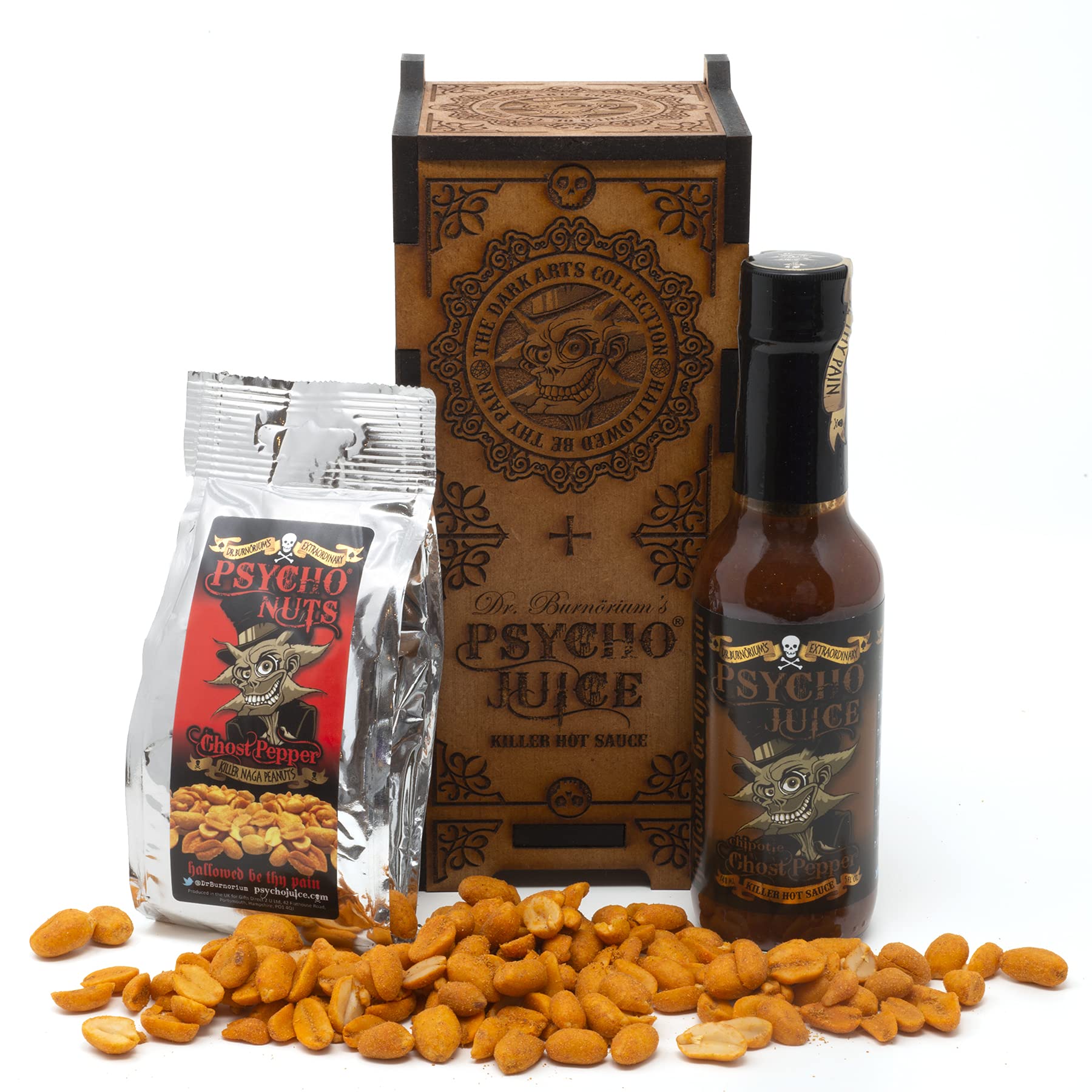 Psycho Juice Dark Arts Wooden Gift Set – Chipotle Sauce & Naga Peanuts